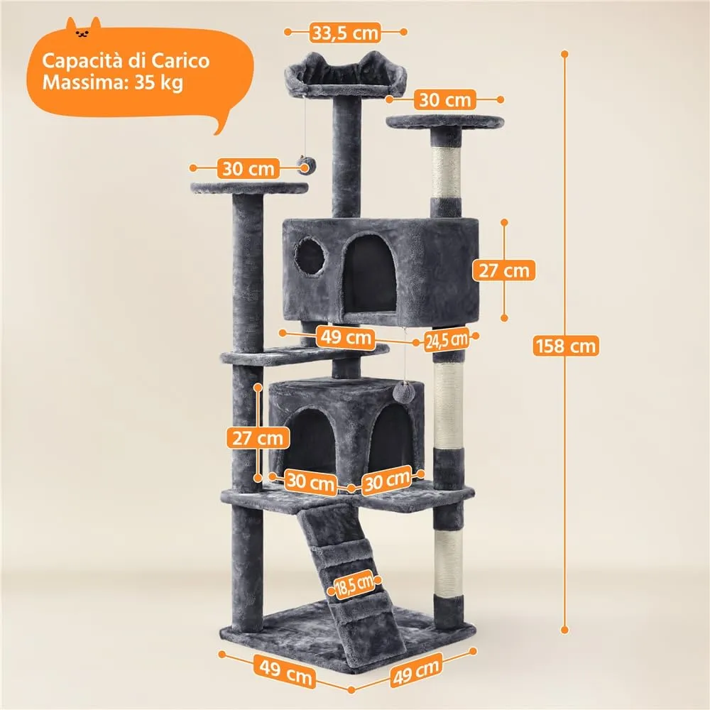 Yaheetech Albero Tiragraffi per Gatti Multilivello 158 cm, Grigio Scuro - immagine 2