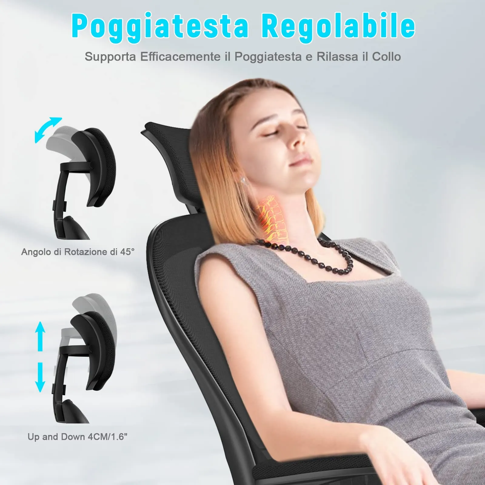 rattantree Sedia da Ufficio Ergonomica con Poggiatesta Regolabile, Nero - immagine 3