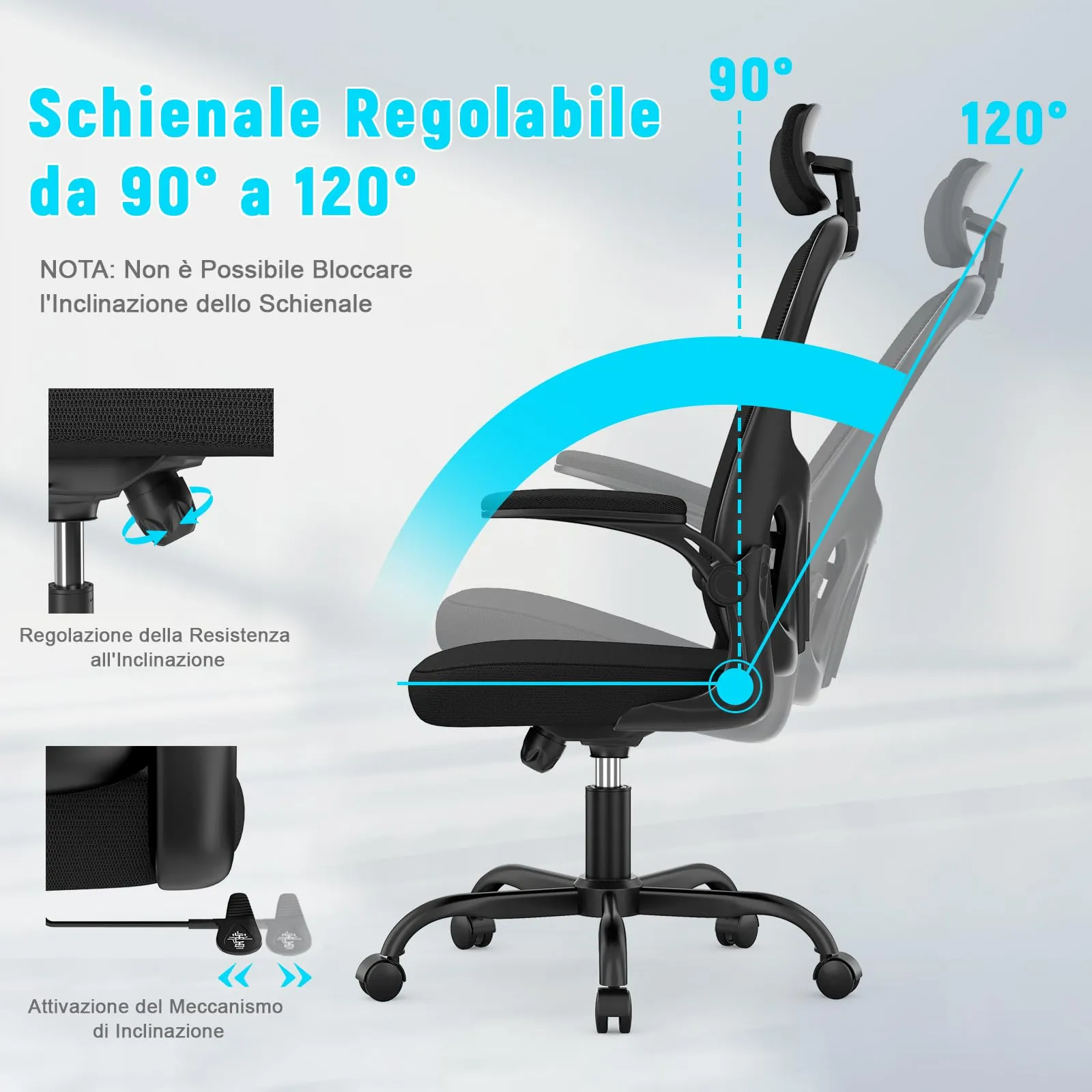 rattantree Sedia da Ufficio Ergonomica con Poggiatesta Regolabile, Nero - immagine 5