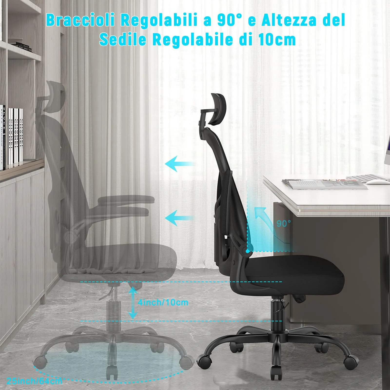rattantree Sedia da Ufficio Ergonomica con Poggiatesta Regolabile, Nero - immagine 6