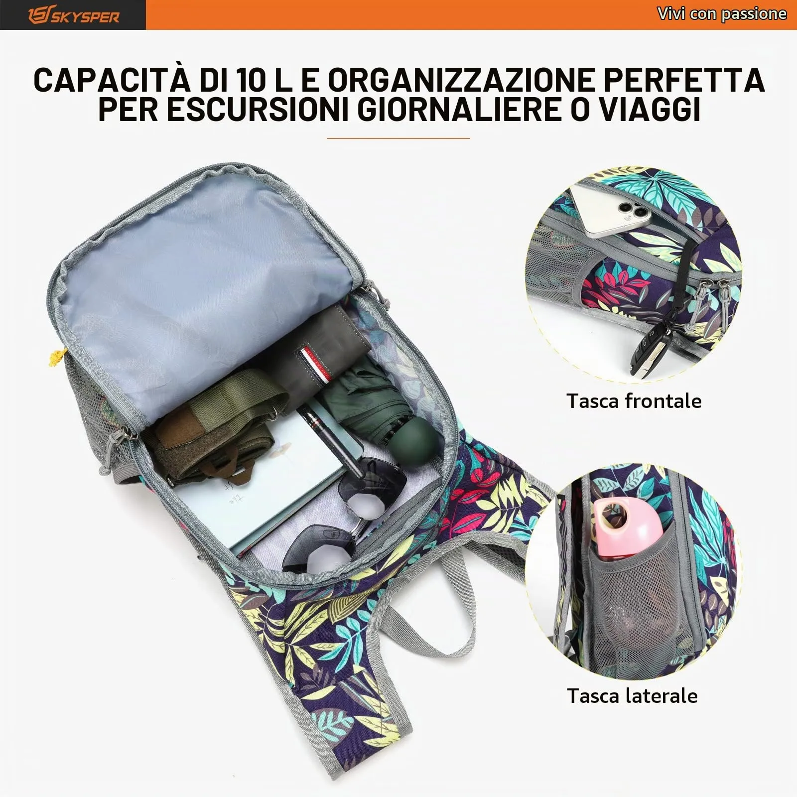 SKYSPER Zaino Leggero Pieghevole 10L, Foglie - immagine 4
