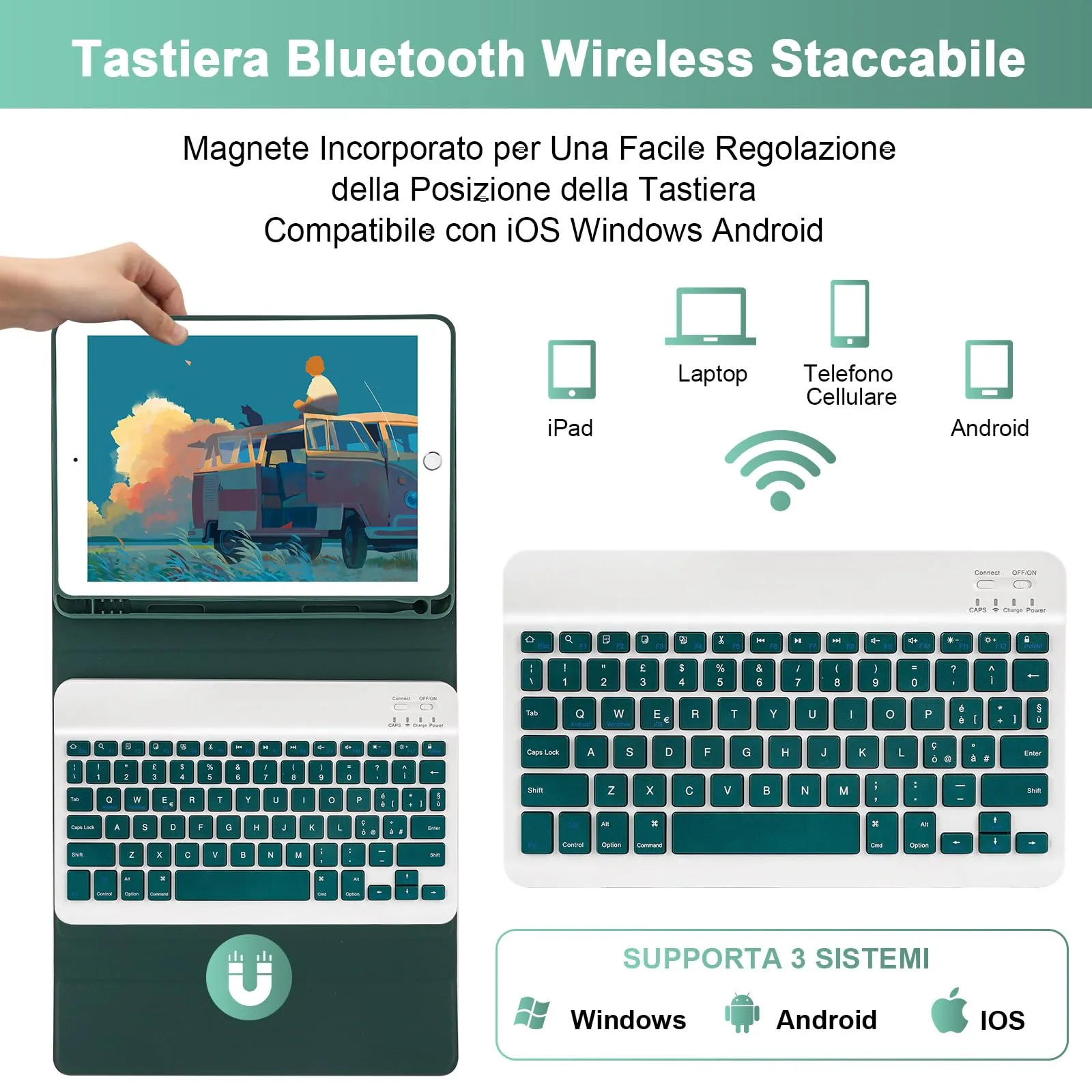 SOPPY Custodia con Tastiera Bluetooth Rimovibile per iPad 6ª Generazione 2018, 5ª Generazione 2017, Pro 9.7, Air 1/2, Layout Italiano, Verde Scuro - immagine 3