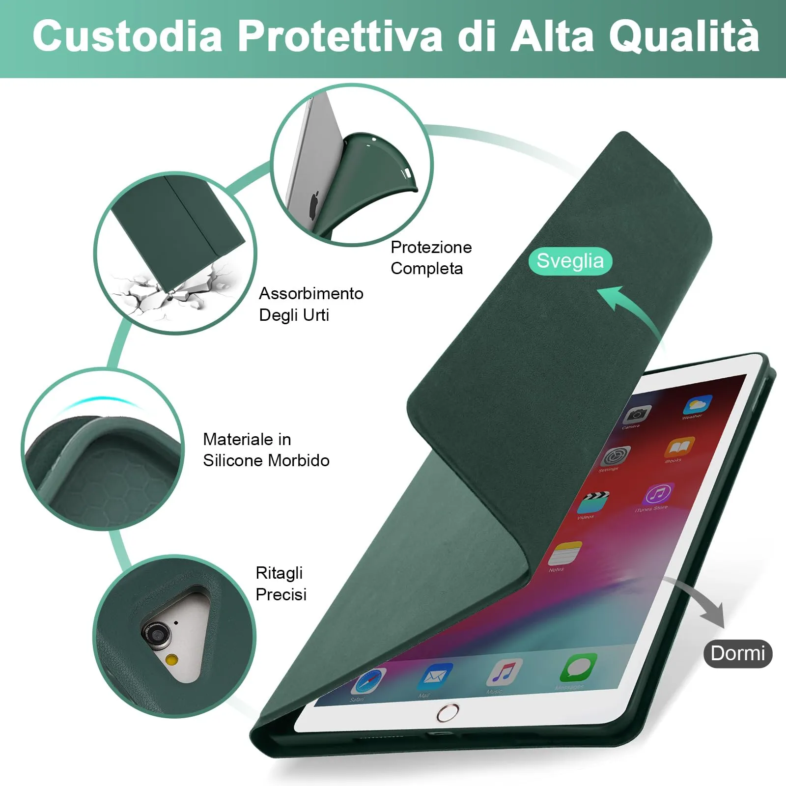 SOPPY Custodia con Tastiera Bluetooth Rimovibile per iPad 6ª Generazione 2018, 5ª Generazione 2017, Pro 9.7, Air 1/2, Layout Italiano, Verde Scuro - immagine 5