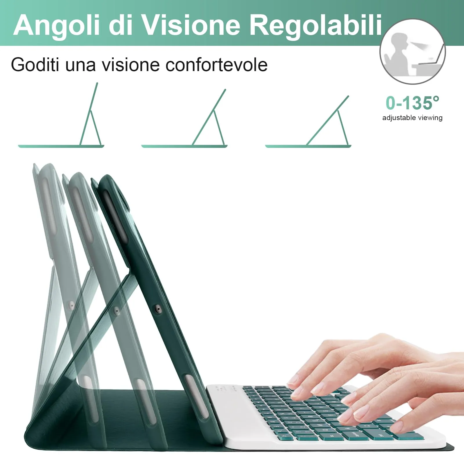 SOPPY Custodia con Tastiera Bluetooth Rimovibile per iPad 6ª Generazione 2018, 5ª Generazione 2017, Pro 9.7, Air 1/2, Layout Italiano, Verde Scuro - immagine 6