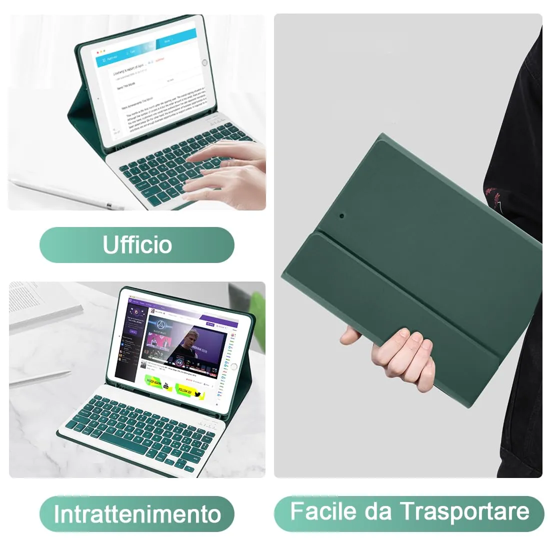 SOPPY Custodia con Tastiera Bluetooth Rimovibile per iPad 6ª Generazione 2018, 5ª Generazione 2017, Pro 9.7, Air 1/2, Layout Italiano, Verde Scuro - immagine 7