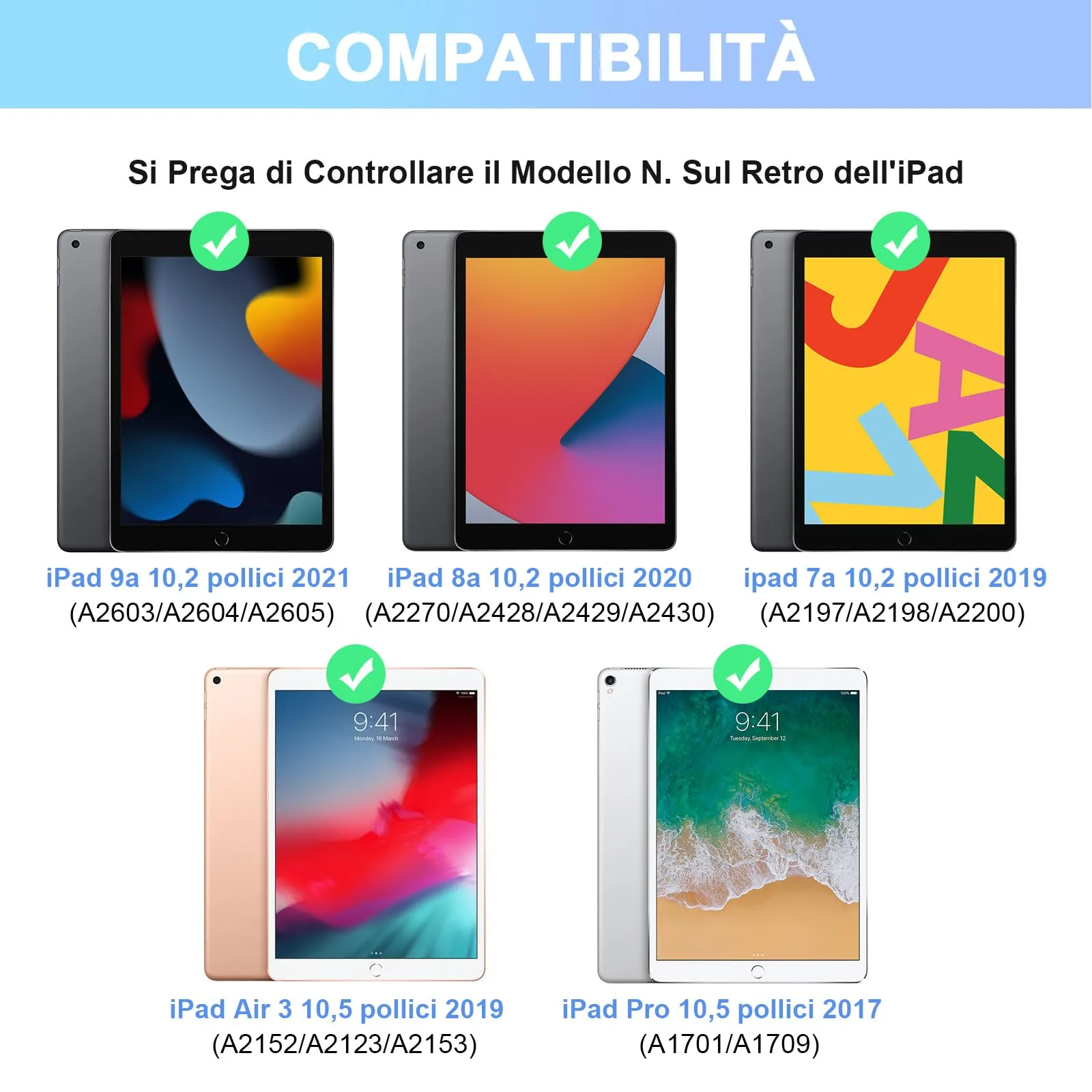 SOPPY Custodia con Tastiera Wireless Staccabile per iPad 9a/8a/7a Generazione, iPad Pro 10.5", iPad Air 3 10.5", Layout Italiano, Azzurro - immagine 2