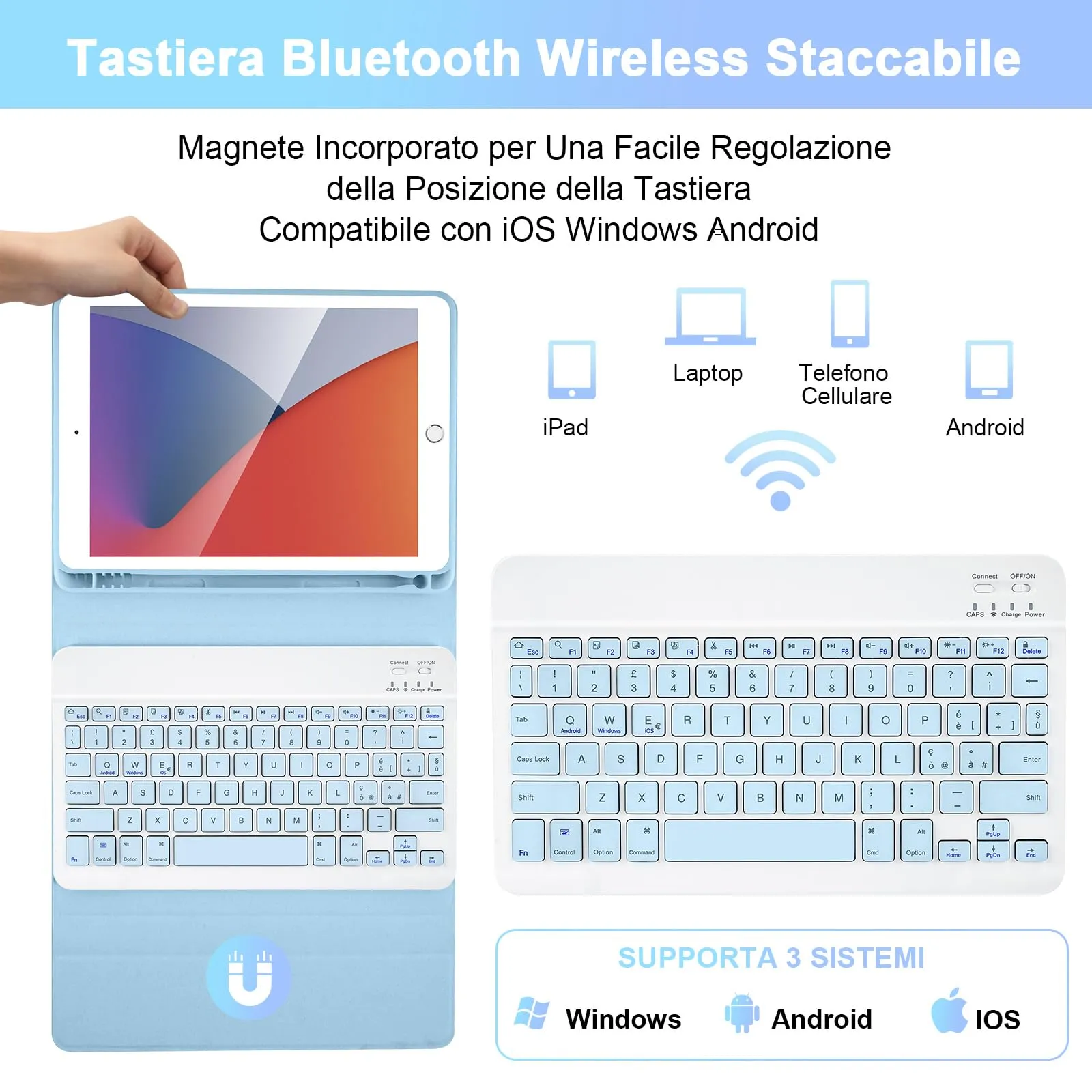 SOPPY Custodia con Tastiera Wireless Staccabile per iPad 9a/8a/7a Generazione, iPad Pro 10.5", iPad Air 3 10.5", Layout Italiano, Azzurro - immagine 3