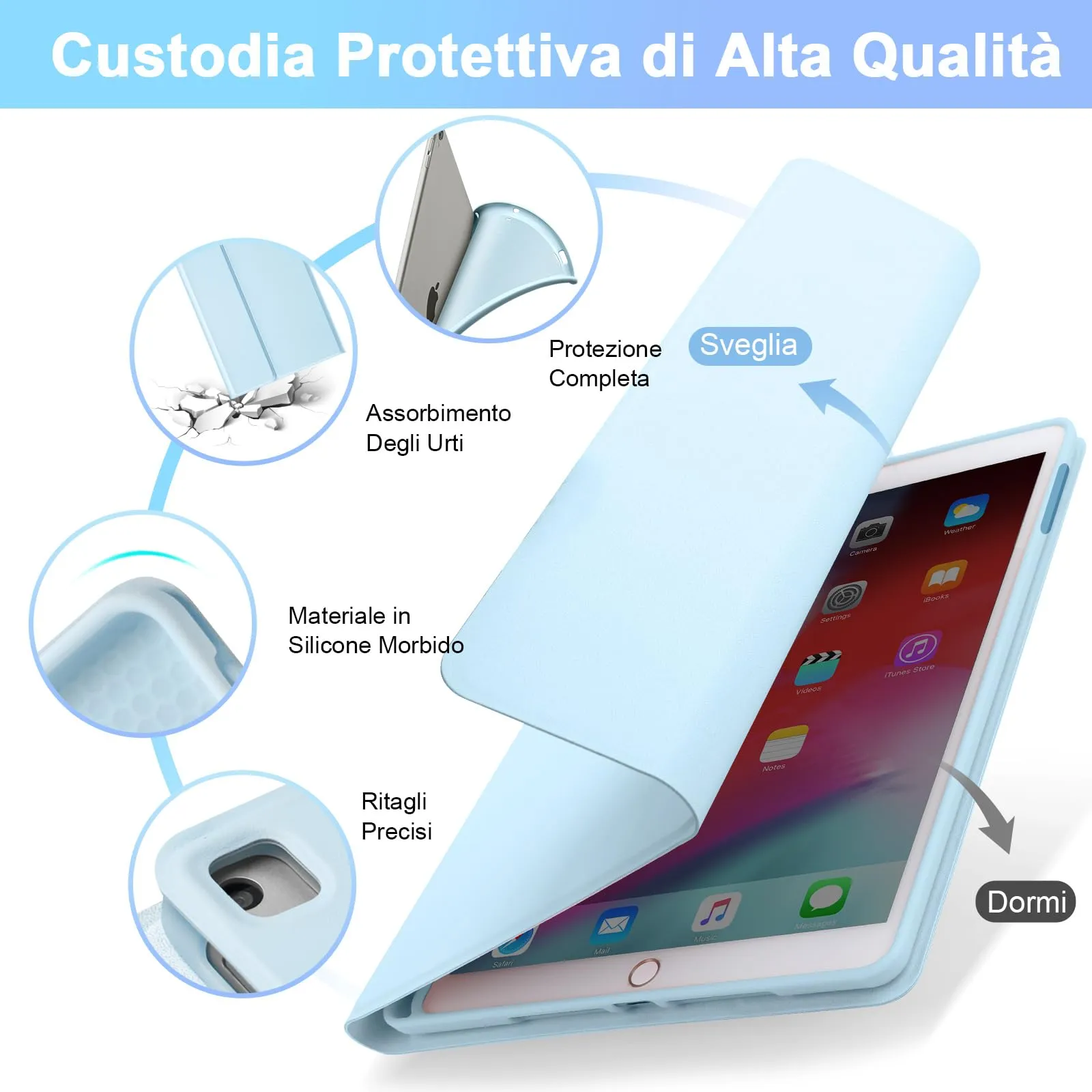 SOPPY Custodia con Tastiera Wireless Staccabile per iPad 9a/8a/7a Generazione, iPad Pro 10.5", iPad Air 3 10.5", Layout Italiano, Azzurro - immagine 5