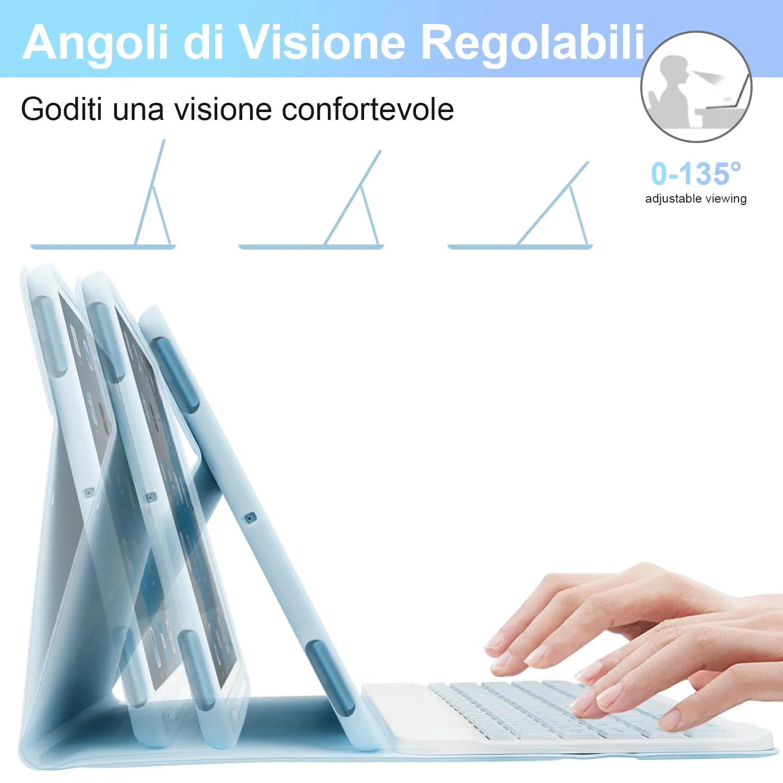SOPPY Custodia con Tastiera Wireless Staccabile per iPad 9a/8a/7a Generazione, iPad Pro 10.5", iPad Air 3 10.5", Layout Italiano, Azzurro - immagine 6