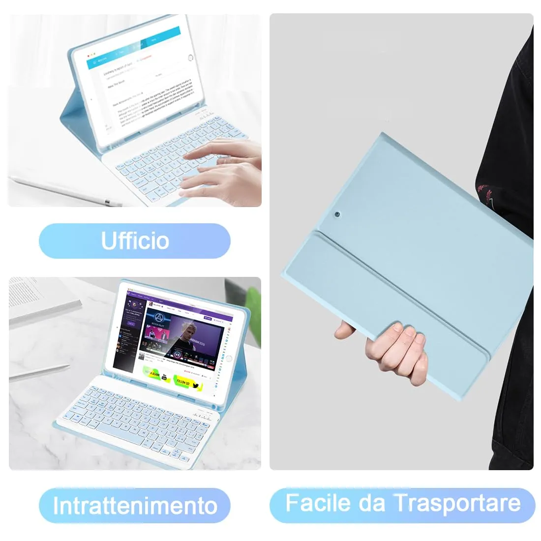 SOPPY Custodia con Tastiera Wireless Staccabile per iPad 9a/8a/7a Generazione, iPad Pro 10.5", iPad Air 3 10.5", Layout Italiano, Azzurro - immagine 7
