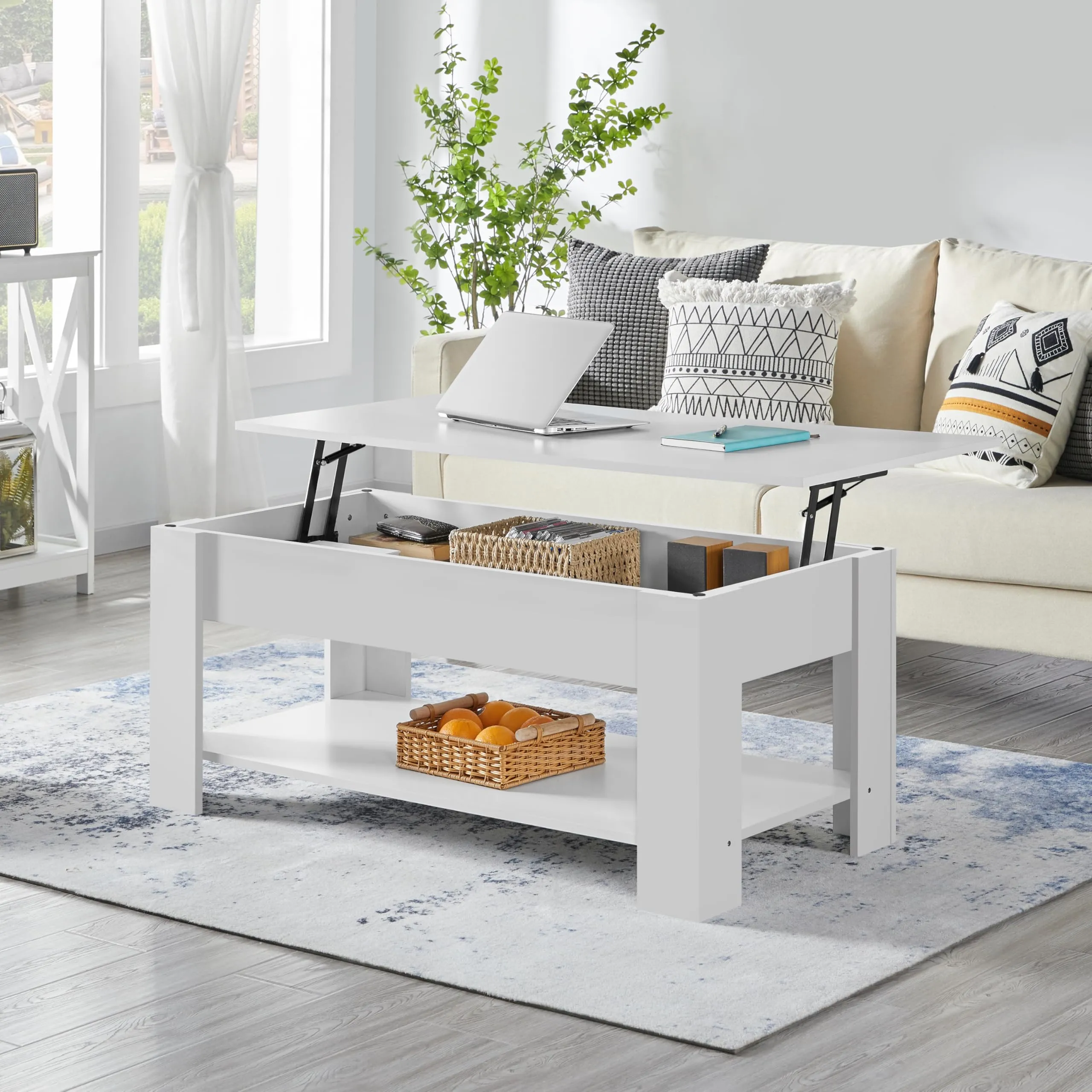 Yaheetech Tavolino da Caffè Sollevabile, 120 x 60 x 49,5-62,5 cm, Bianco - immagine 2