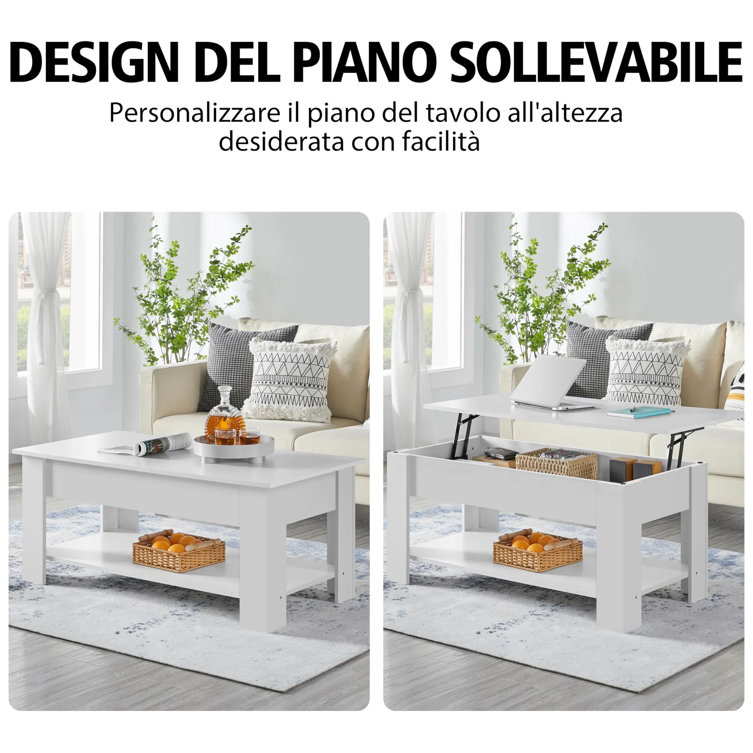 Yaheetech Tavolino da Caffè Sollevabile, 120 x 60 x 49,5-62,5 cm, Bianco - immagine 4