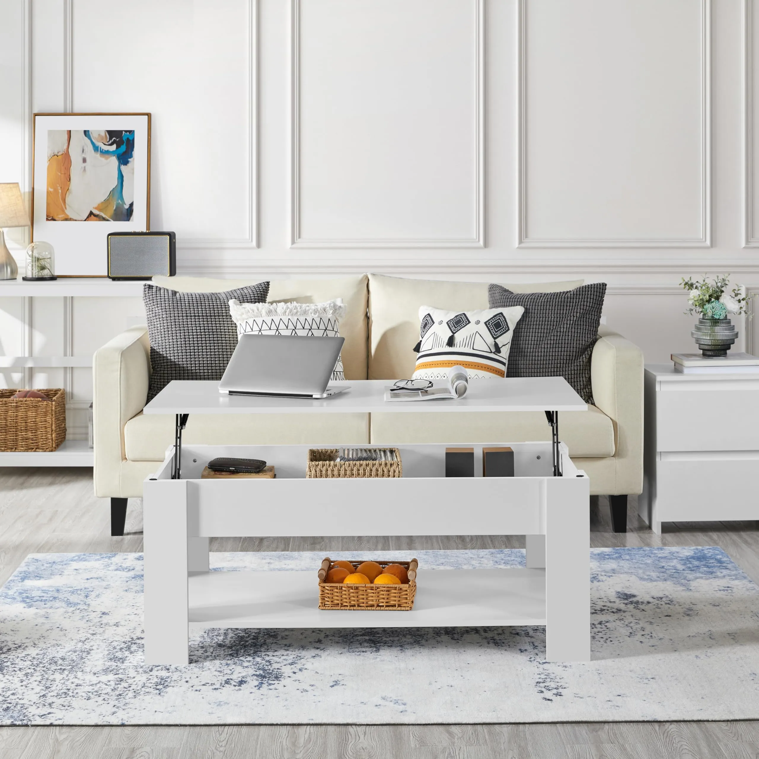 Yaheetech Tavolino da Caffè Sollevabile, 120 x 60 x 49,5-62,5 cm, Bianco - immagine 8