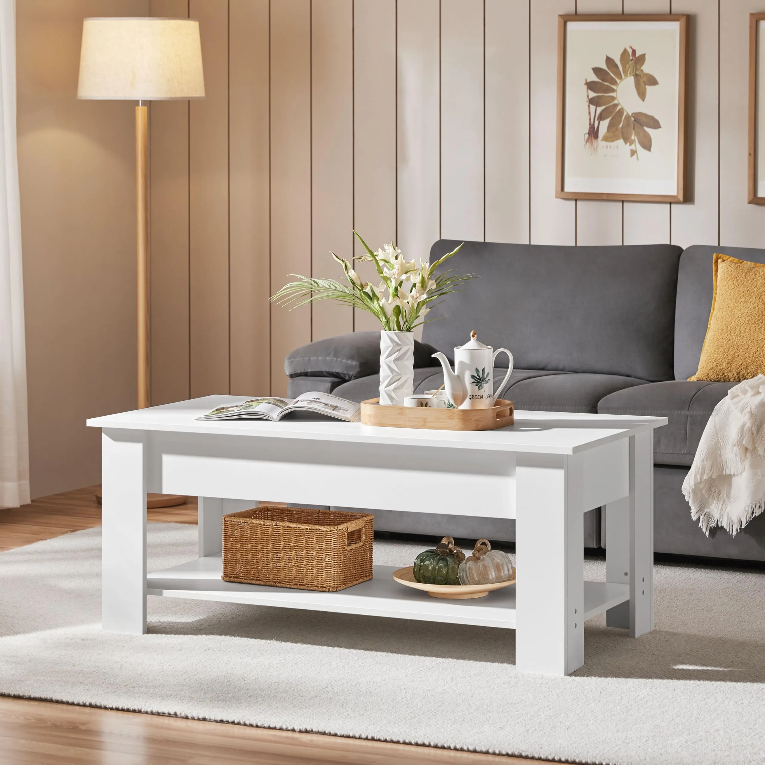 Yaheetech Tavolino da Caffè Sollevabile, 120 x 60 x 49,5-62,5 cm, Bianco - immagine 9