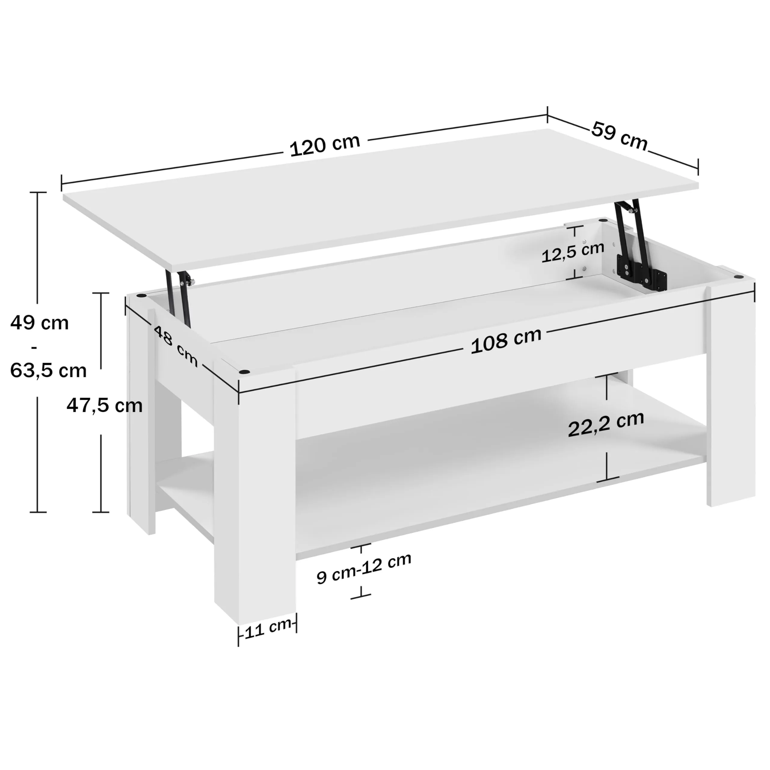 Yaheetech Tavolino da Caffè Sollevabile, 120 x 60 x 49,5-62,5 cm, Bianco - immagine 10