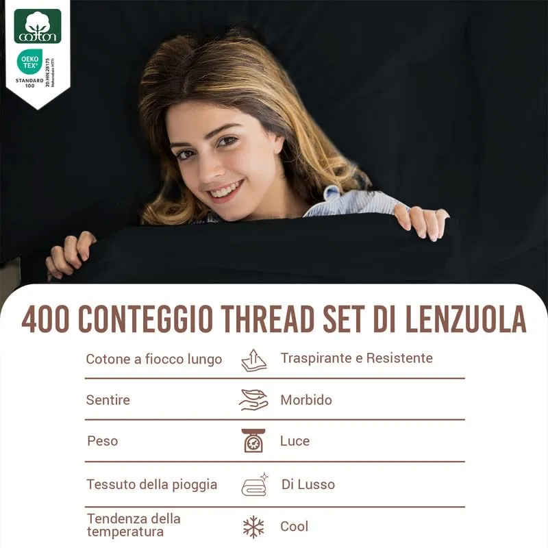 Pizuna Linens Set Lenzuola Letto 160x200 cm Cotone 400 Fili, Nero, 4 Pezzi - immagine 4