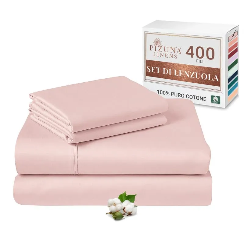 Pizuna Linens Set Lenzuola Letto King Size 160x200cm Cotone 400 Fili, Rosa, 4 Pezzi - immagine 1