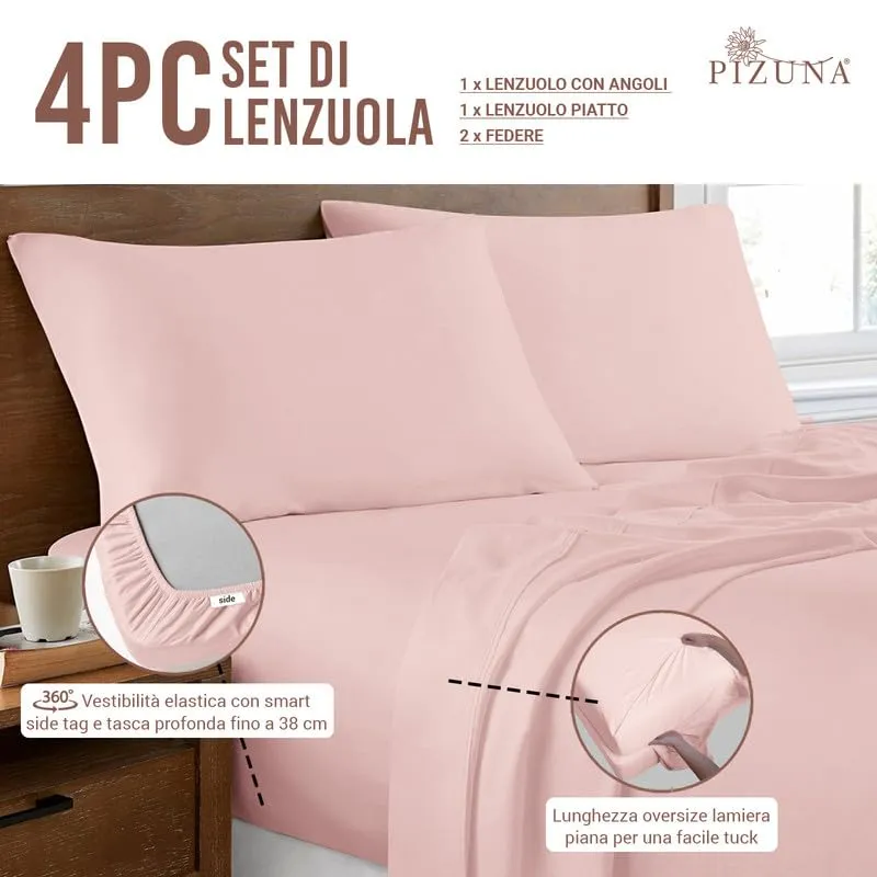 Pizuna Linens Set Lenzuola Letto King Size 160x200cm Cotone 400 Fili, Rosa, 4 Pezzi - immagine 3