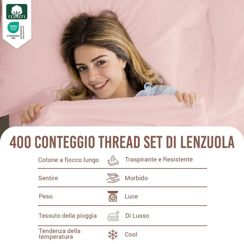 Pizuna Linens Set Lenzuola Letto King Size 160x200cm Cotone 400 Fili, Rosa, 4 Pezzi - immagine 4