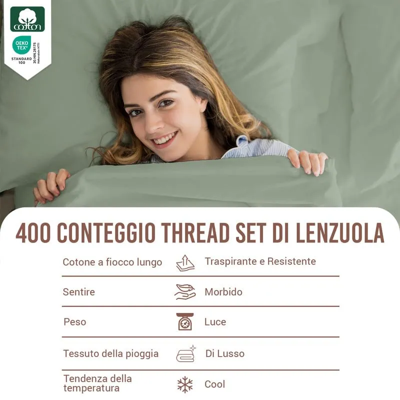 Pizuna Linens Set Lenzuola Letto King Size 160x200 cm, Cotone 400 Fili, Verde, 4 Pezzi - immagine 4