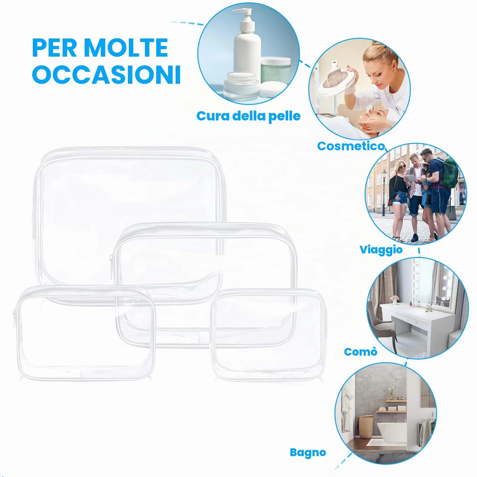 Aucuu Beauty Case Trasparente, Set 4 Pezzi, Borse da Viaggio Impermeabili - immagine 4