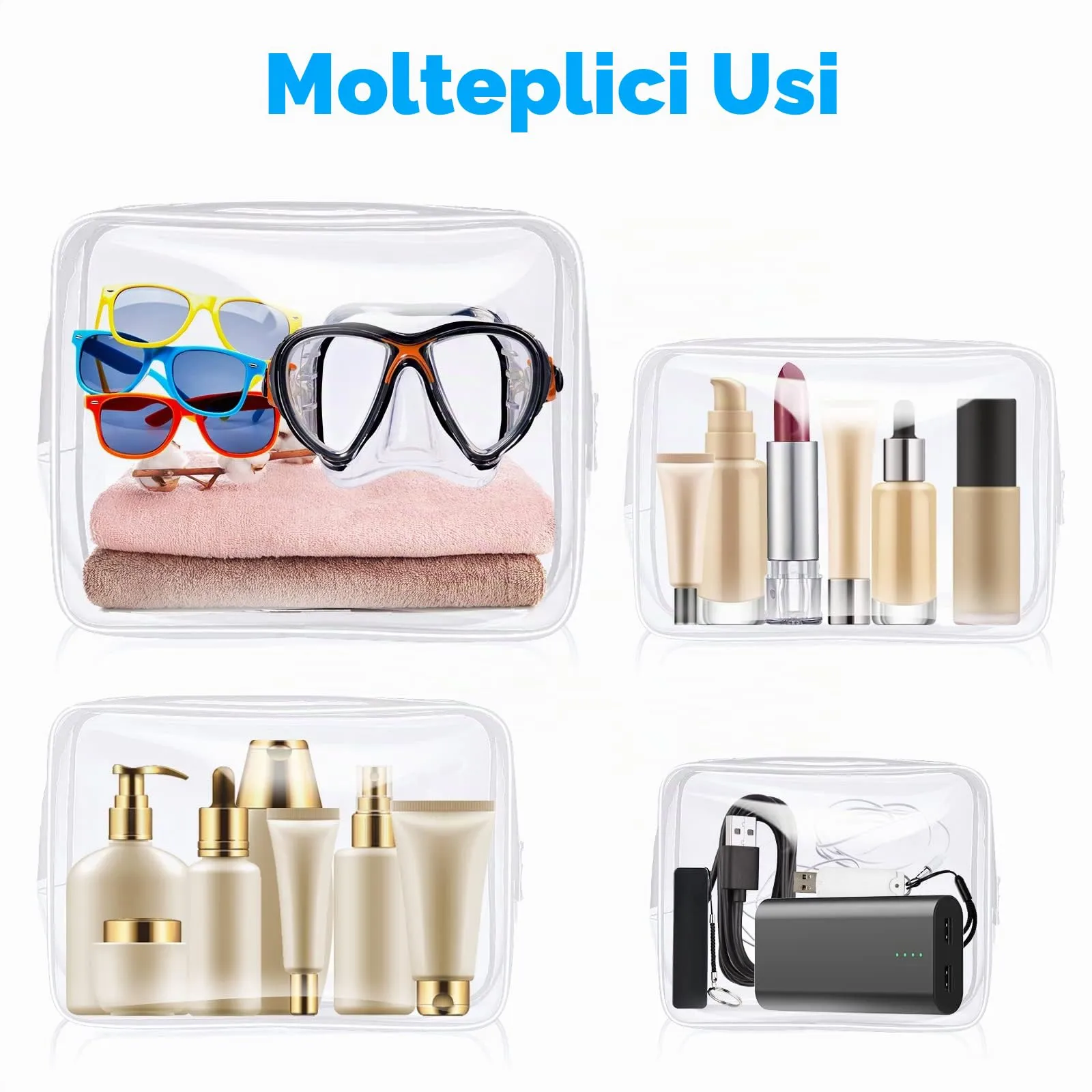 Aucuu Beauty Case Trasparente, Set 4 Pezzi, Borse da Viaggio Impermeabili - immagine 9