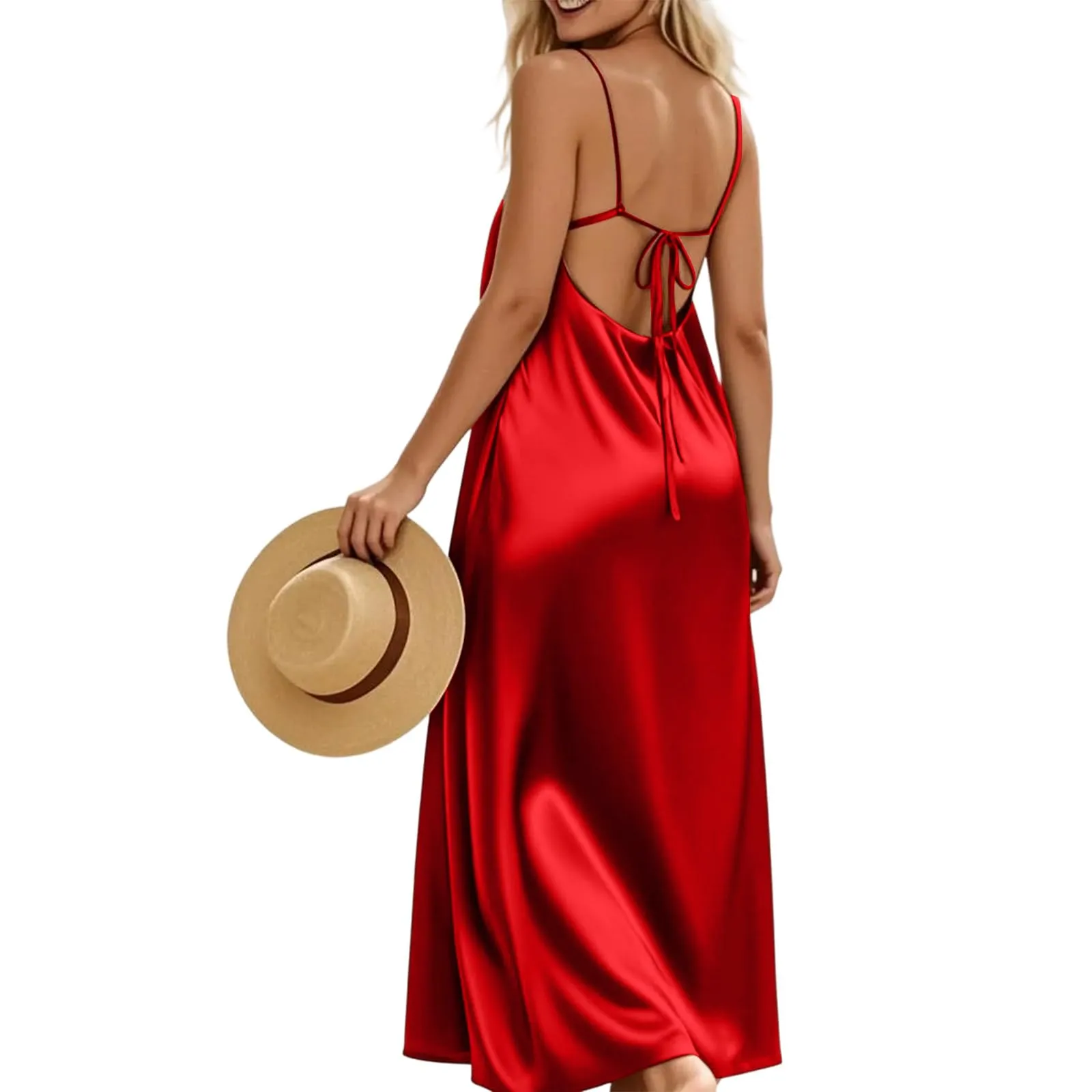 TOFOTL Abito Estivo Donna Elegante Senza Maniche Spalle Scoperte in Raso Rosso L - immagine 1