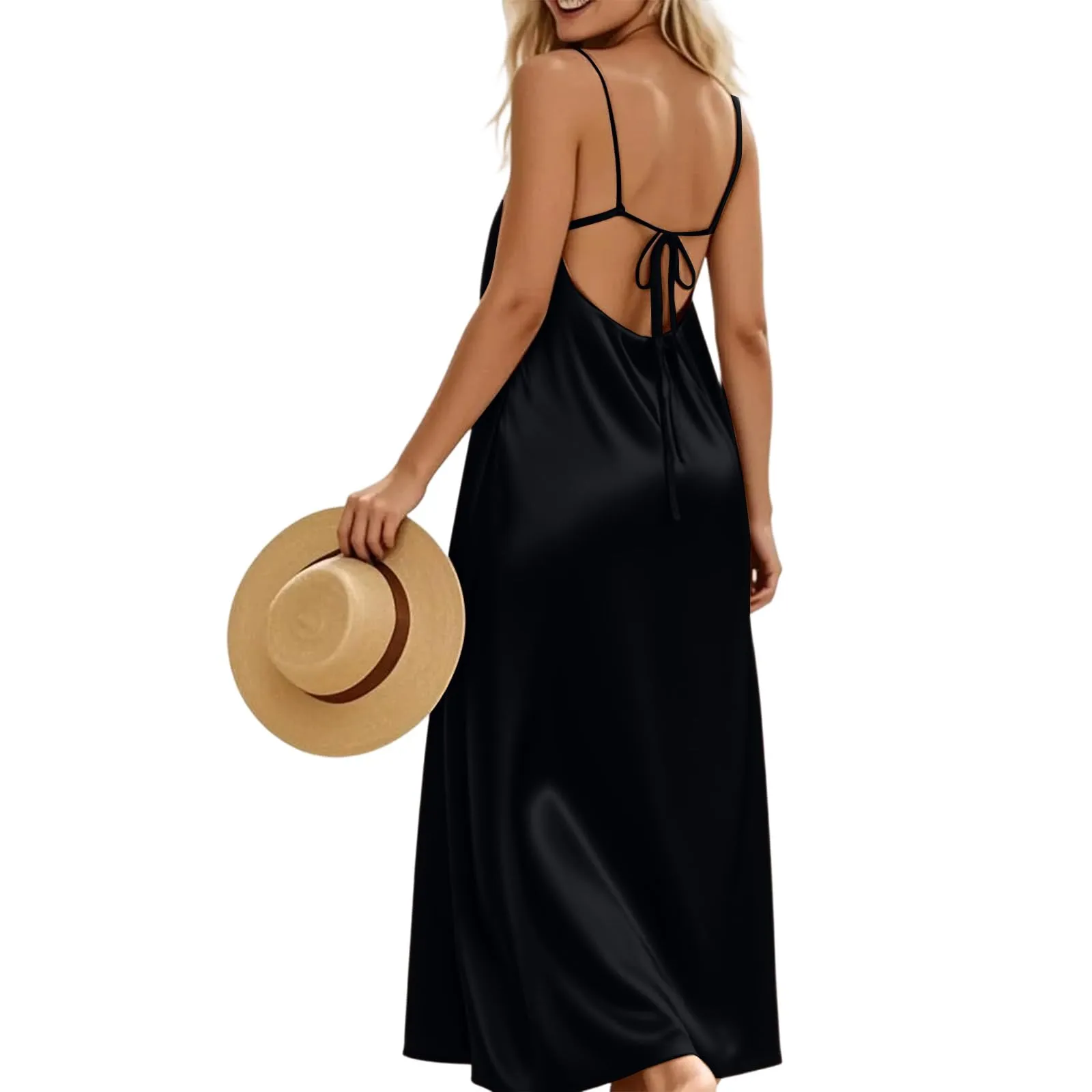 TOFOTL Vestito Donna Lungo in Raso con Spalle Scoperte, Nero, M - immagine 1