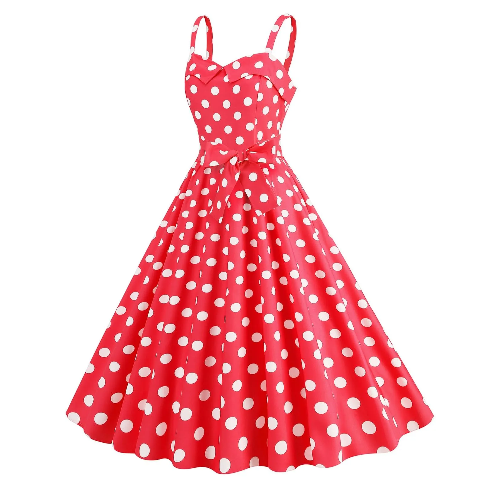 Generisch Abito Donna Rockabilly Anni '50 '60 a Pois Rosso senza Maniche Lunghezza al Ginocchio - immagine 4