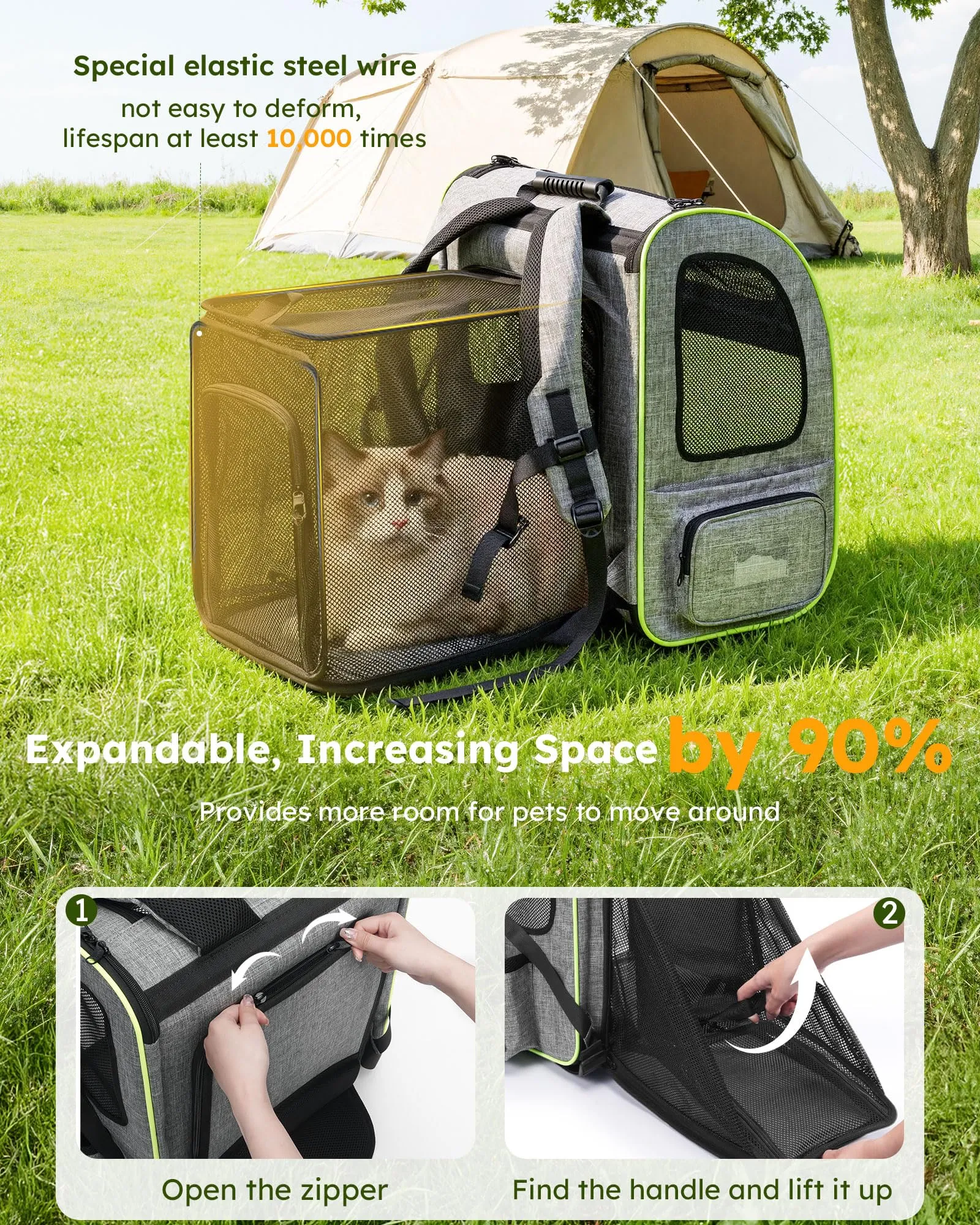 Pecute Zaino per Cani e Gatti Espandibile, Trasportino con Apertura Superiore e Mesh Visibile, Grigio - immagine 2
