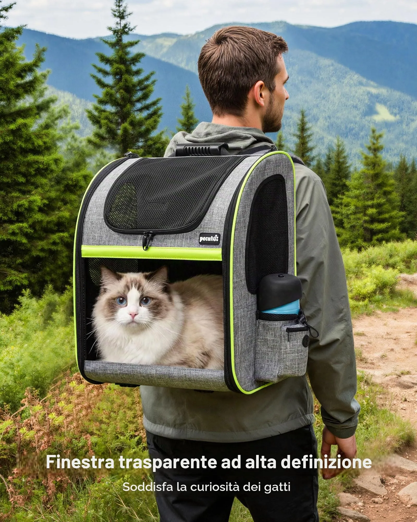 Pecute Zaino per Cani e Gatti Espandibile, Trasportino con Apertura Superiore e Mesh Visibile, Grigio - immagine 3