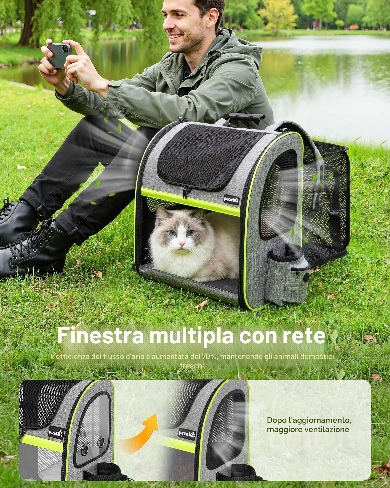 Pecute Zaino per Cani e Gatti Espandibile, Trasportino con Apertura Superiore e Mesh Visibile, Grigio - immagine 4