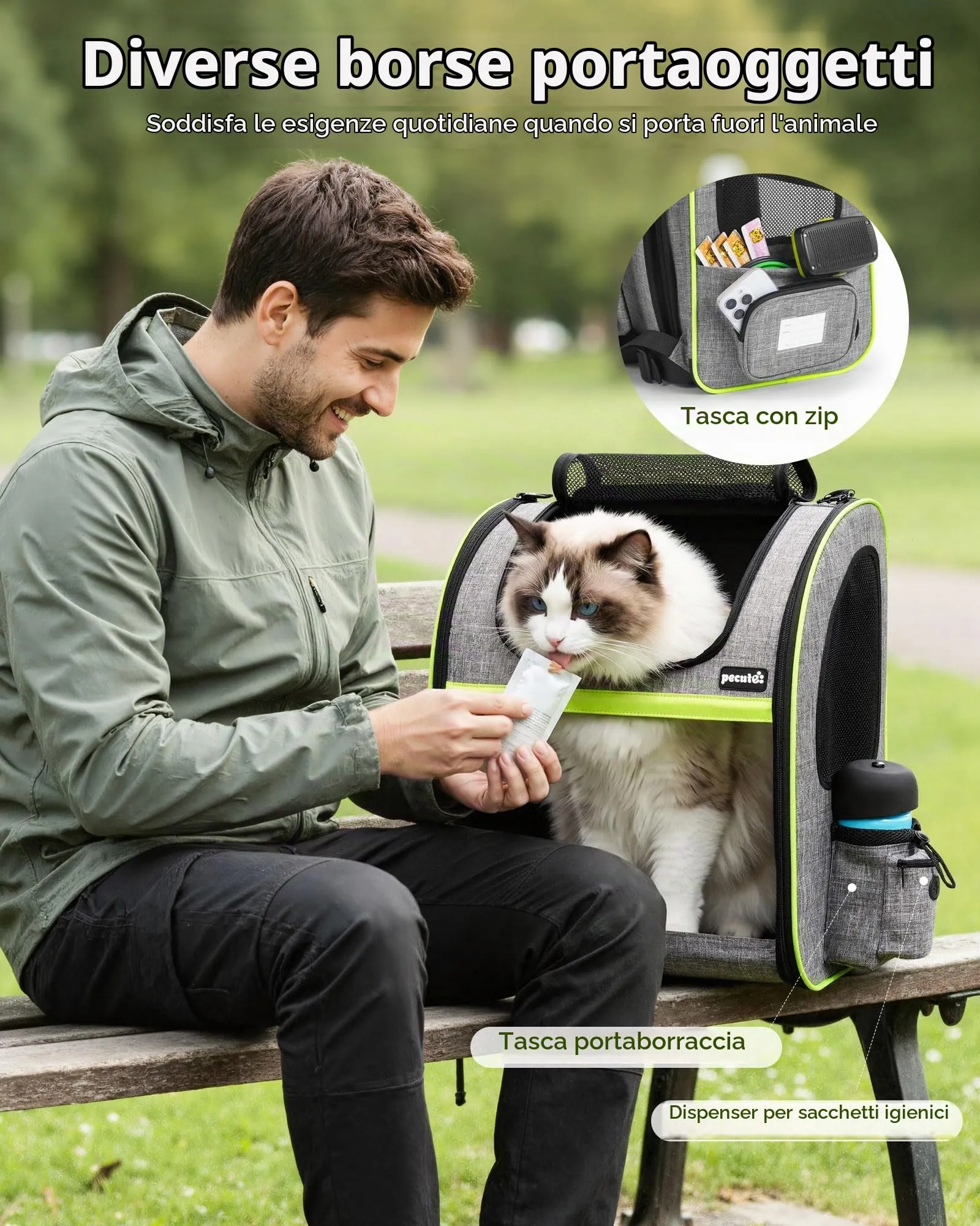 Pecute Zaino per Cani e Gatti Espandibile, Trasportino con Apertura Superiore e Mesh Visibile, Grigio - immagine 8