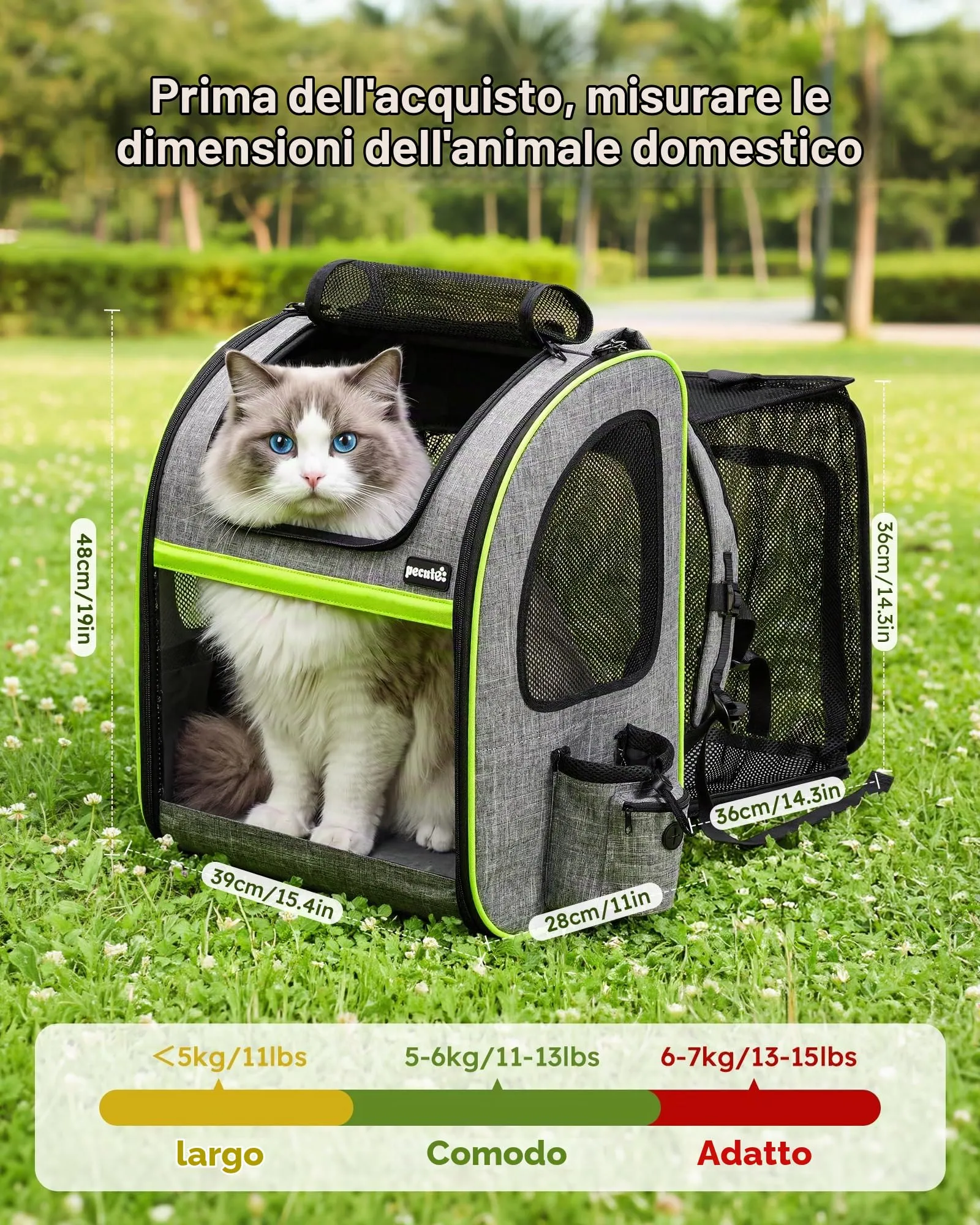 Pecute Zaino per Cani e Gatti Espandibile, Trasportino con Apertura Superiore e Mesh Visibile, Grigio - immagine 9
