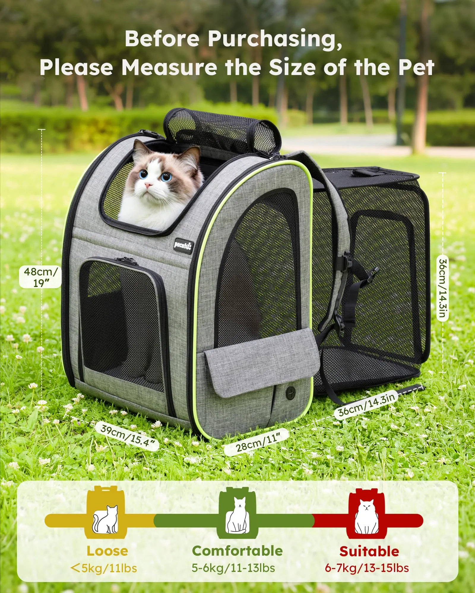Pecute Zaino Trasportino Estensibile per Cani e Gatti, Carico Massimo 10 kg, Grigio - immagine 2