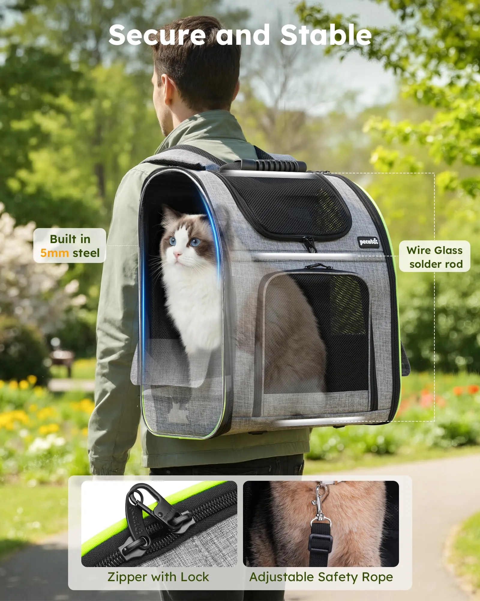 Pecute Zaino Trasportino Estensibile per Cani e Gatti, Carico Massimo 10 kg, Grigio - immagine 5