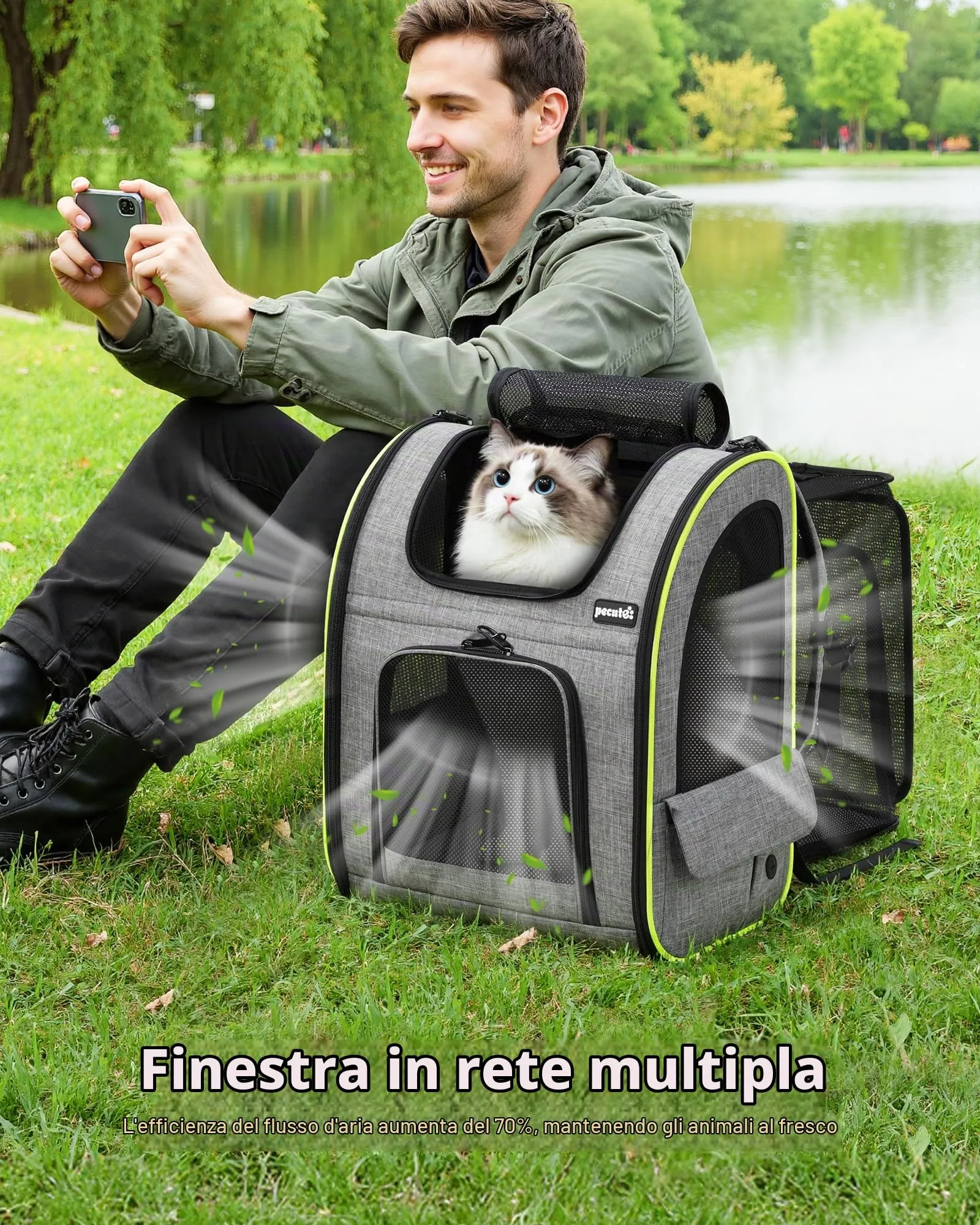 Pecute Zaino Trasportino Estensibile per Cani e Gatti, Carico Massimo 10 kg, Grigio - immagine 7