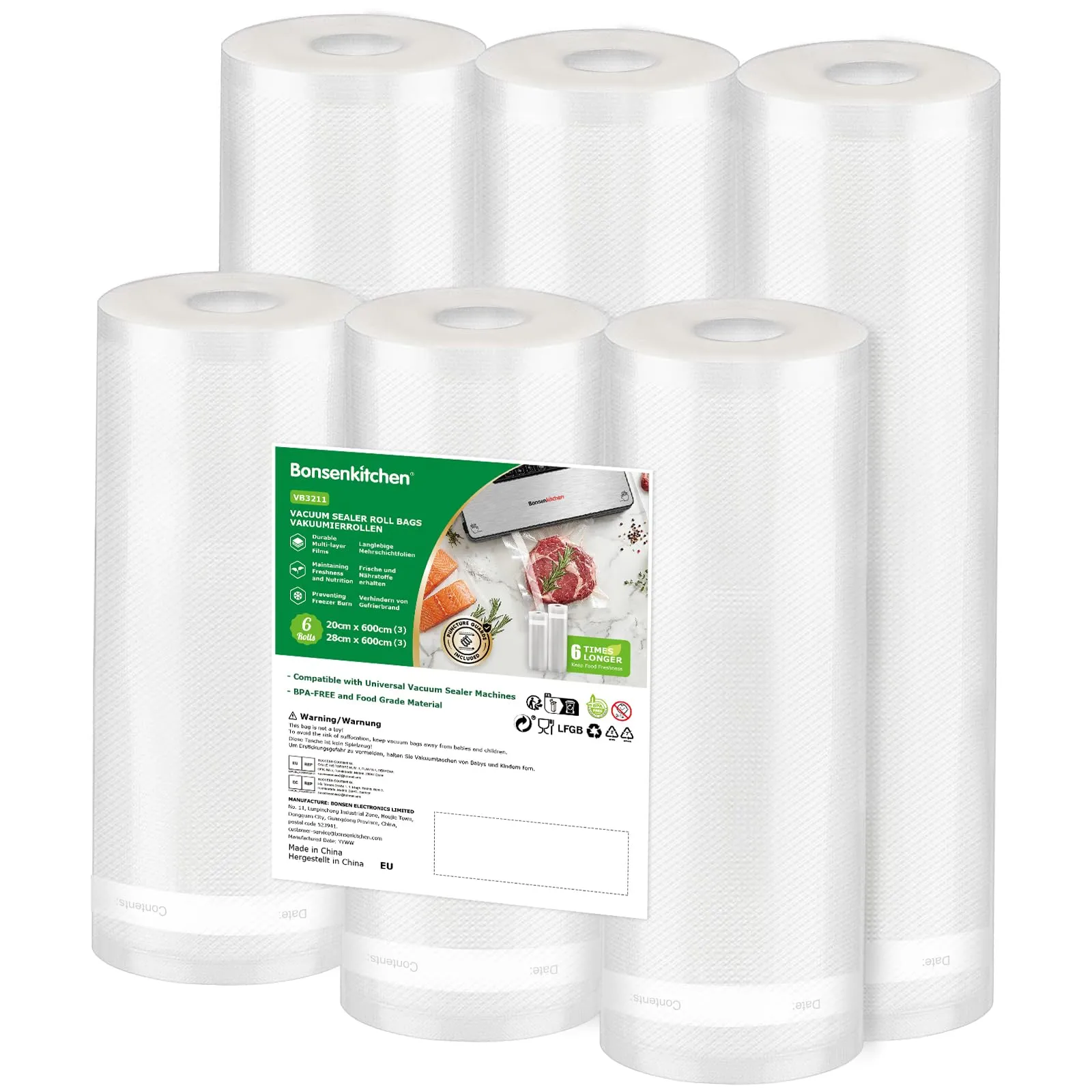 Bonsenkitchen Sacchetti Sottovuoto, 3 Rotoli 28x600cm + 3 Rotoli 20x600cm - immagine 1