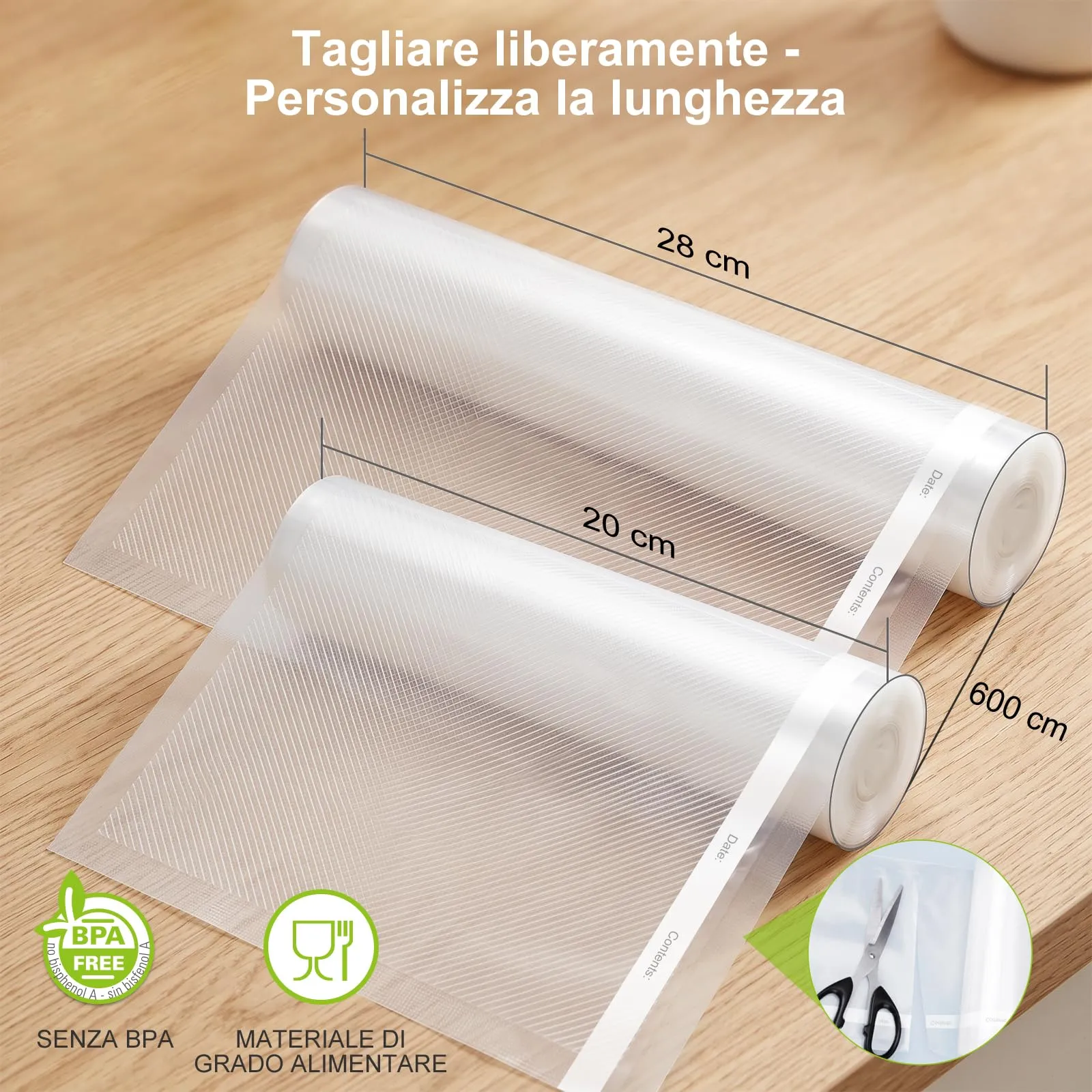 Bonsenkitchen Sacchetti Sottovuoto, 3 Rotoli 28x600cm + 3 Rotoli 20x600cm - immagine 3