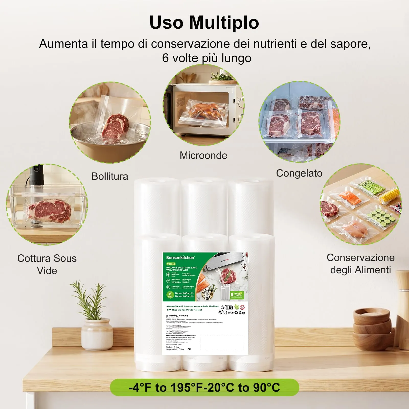Bonsenkitchen Sacchetti Sottovuoto, 3 Rotoli 28x600cm + 3 Rotoli 20x600cm - immagine 4