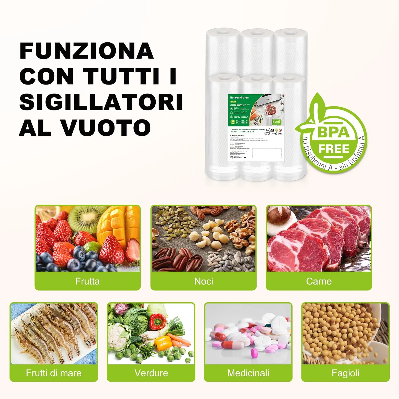 Bonsenkitchen Sacchetti Sottovuoto, 3 Rotoli 28x600cm + 3 Rotoli 20x600cm - immagine 5