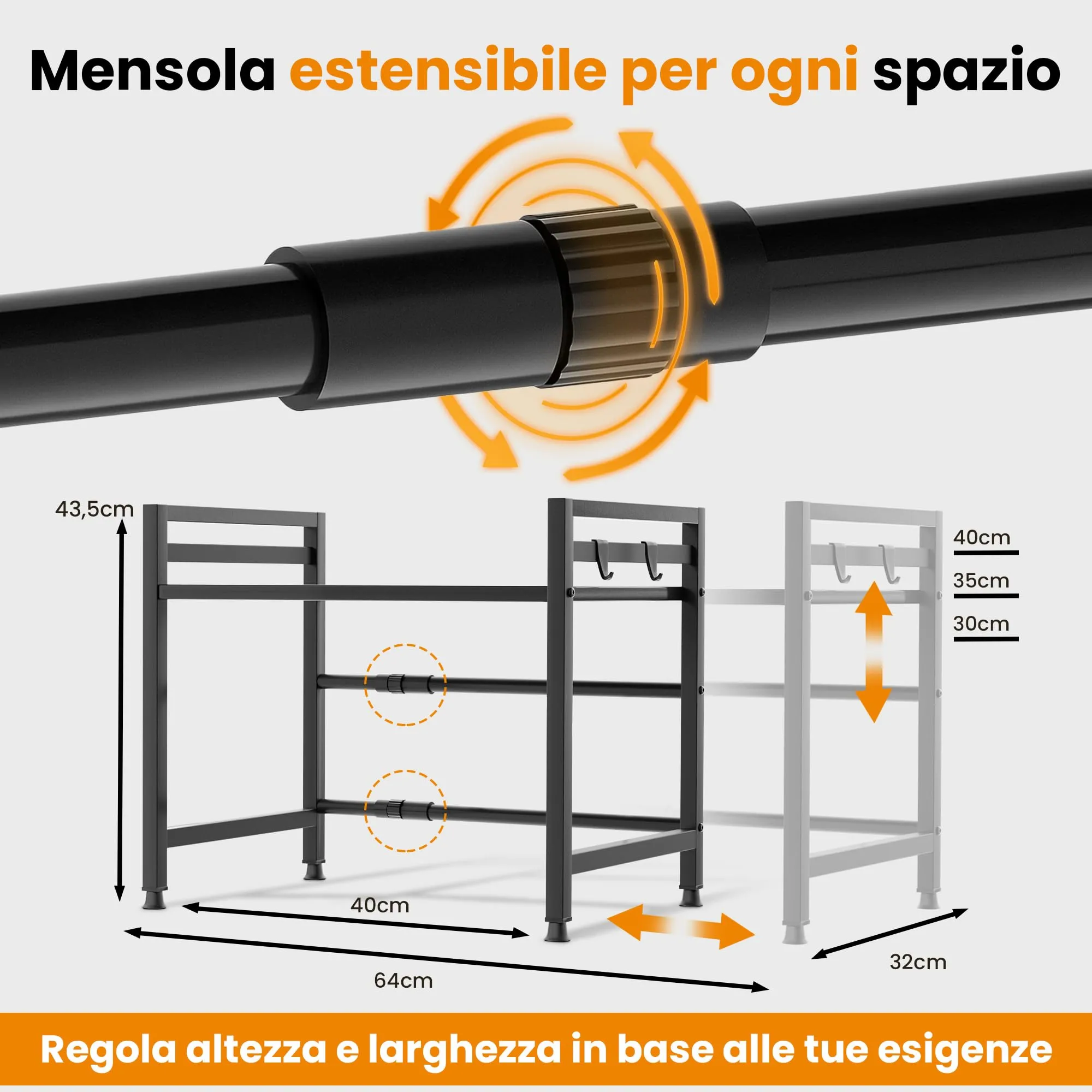 Heldenwunder Mensola Mobile Cucina Salvaspazio in Acciaio, 2 Ripiani, Supporto Microonde Regolabile con Ganci - Nero - immagine 2
