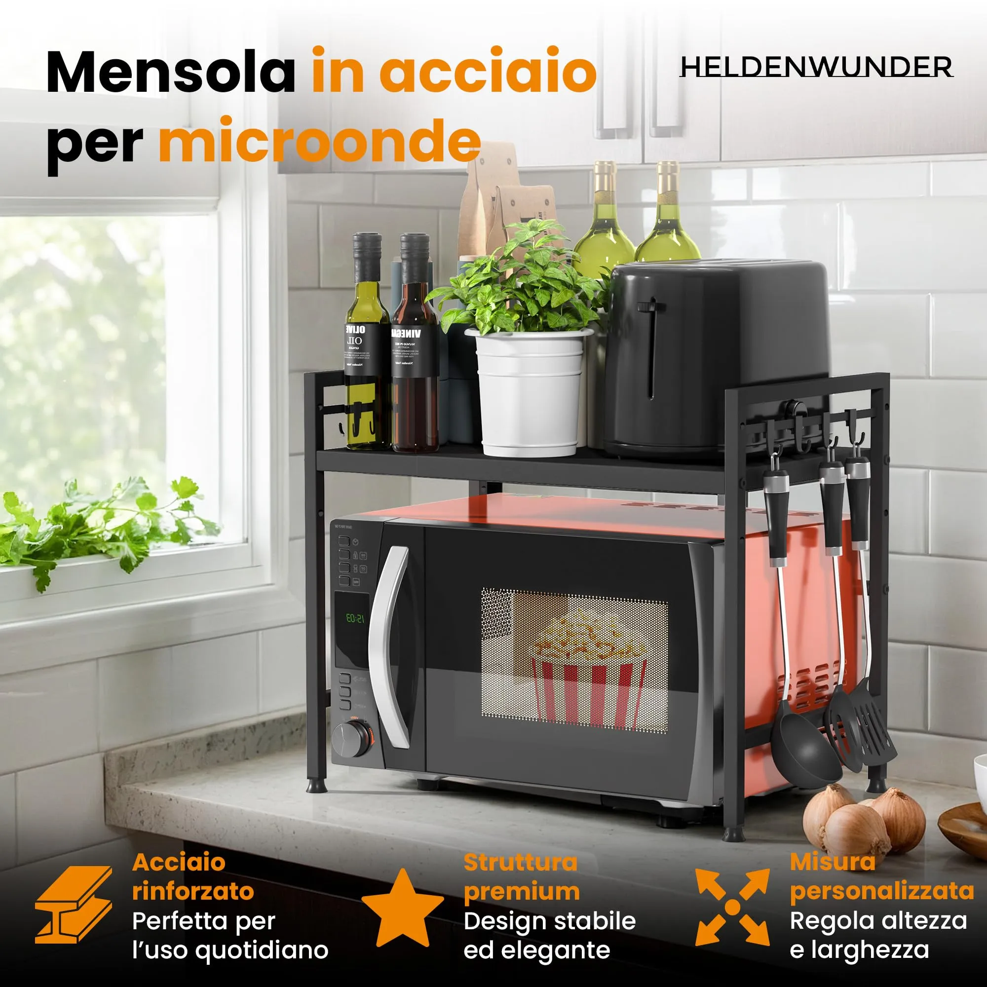 Heldenwunder Mensola Mobile Cucina Salvaspazio in Acciaio, 2 Ripiani, Supporto Microonde Regolabile con Ganci - Nero - immagine 3
