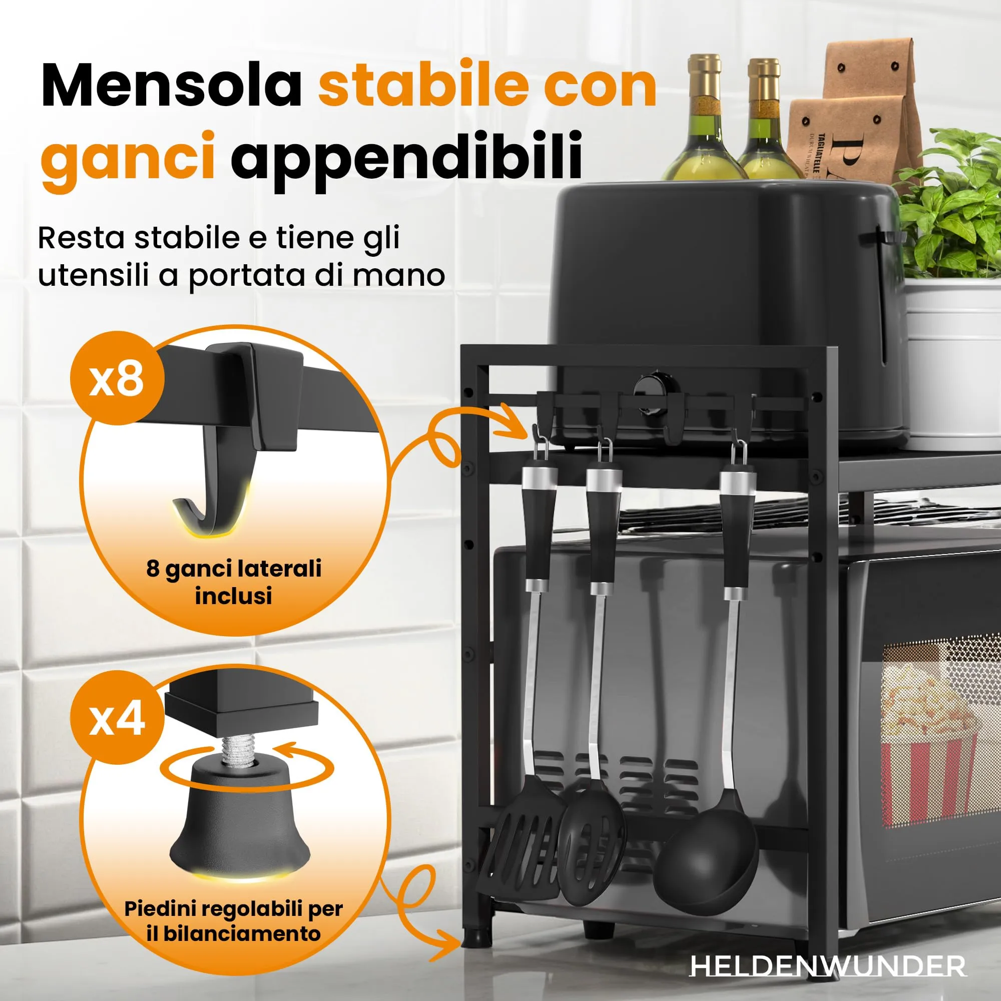 Heldenwunder Mensola Mobile Cucina Salvaspazio in Acciaio, 2 Ripiani, Supporto Microonde Regolabile con Ganci - Nero - immagine 4