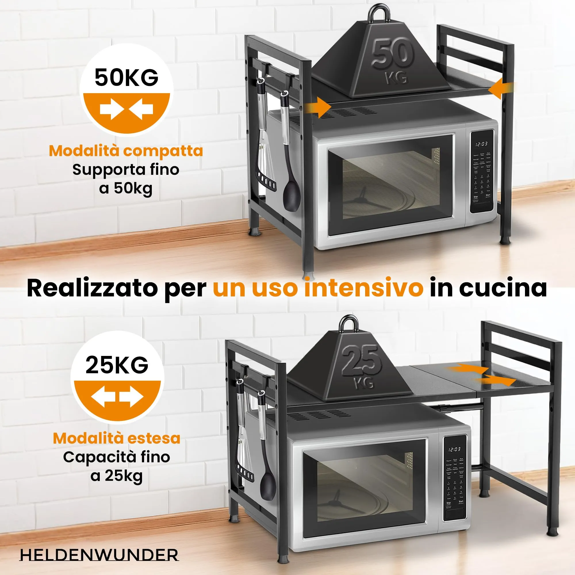 Heldenwunder Mensola Mobile Cucina Salvaspazio in Acciaio, 2 Ripiani, Supporto Microonde Regolabile con Ganci - Nero - immagine 5