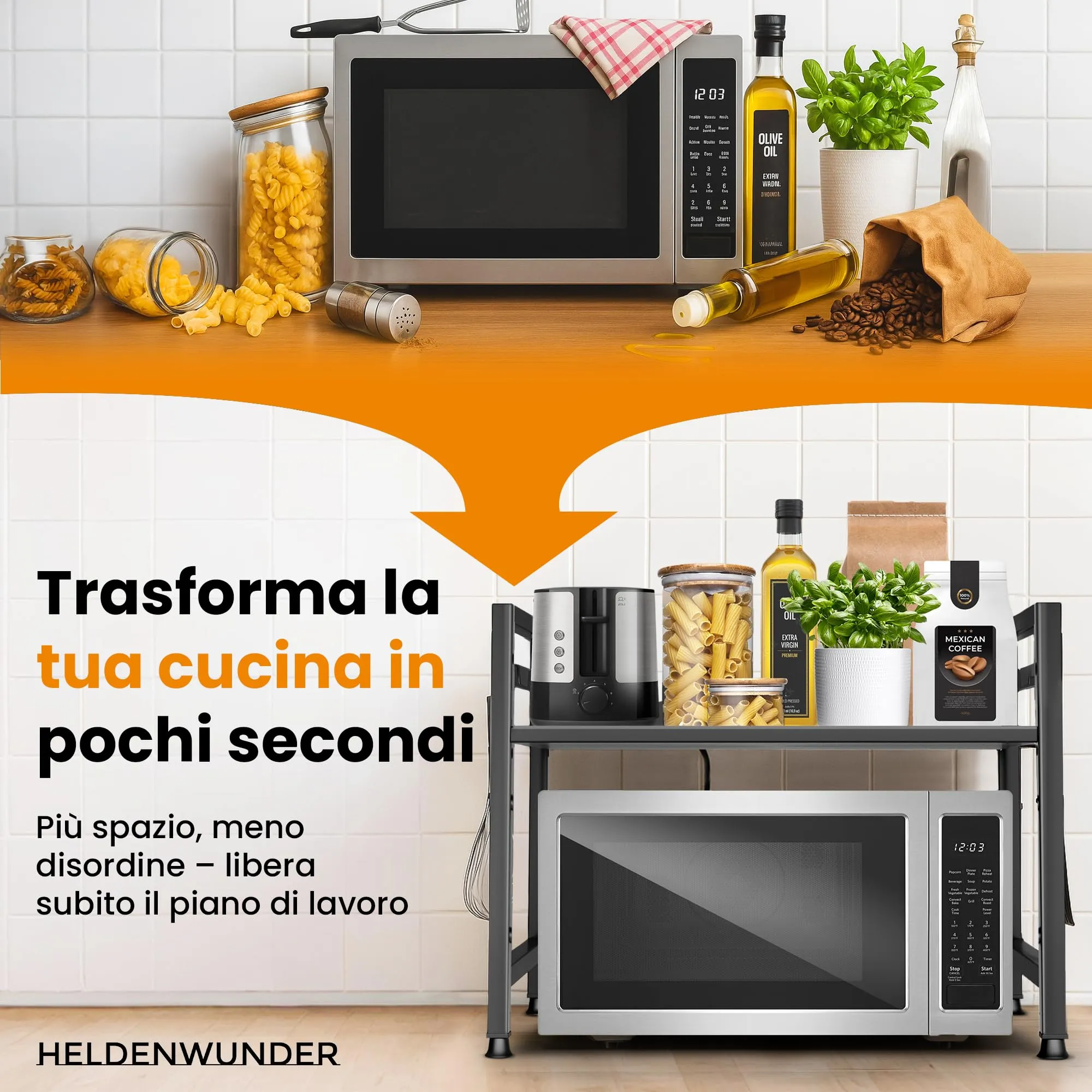 Heldenwunder Mensola Mobile Cucina Salvaspazio in Acciaio, 2 Ripiani, Supporto Microonde Regolabile con Ganci - Nero - immagine 6