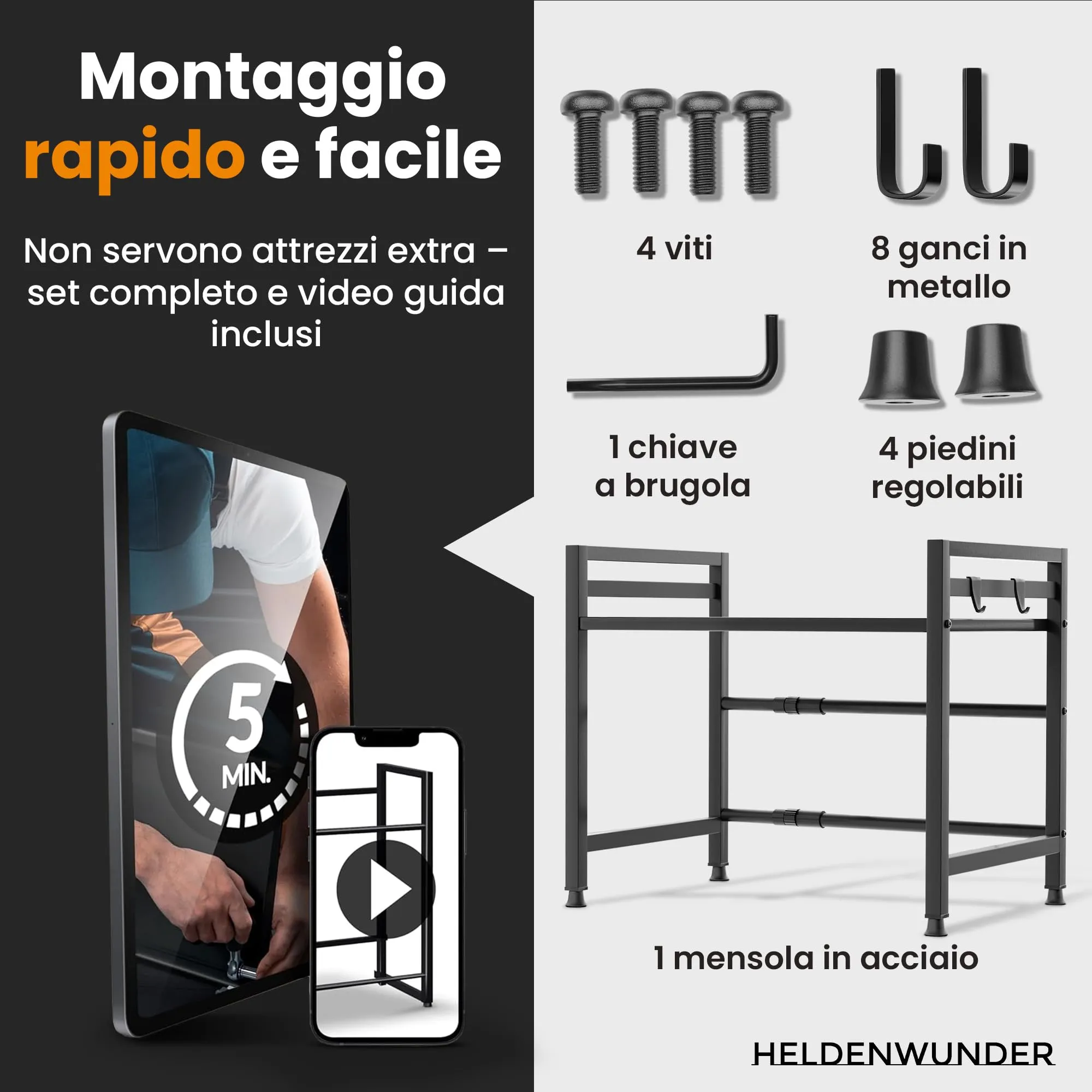 Heldenwunder Mensola Mobile Cucina Salvaspazio in Acciaio, 2 Ripiani, Supporto Microonde Regolabile con Ganci - Nero - immagine 7