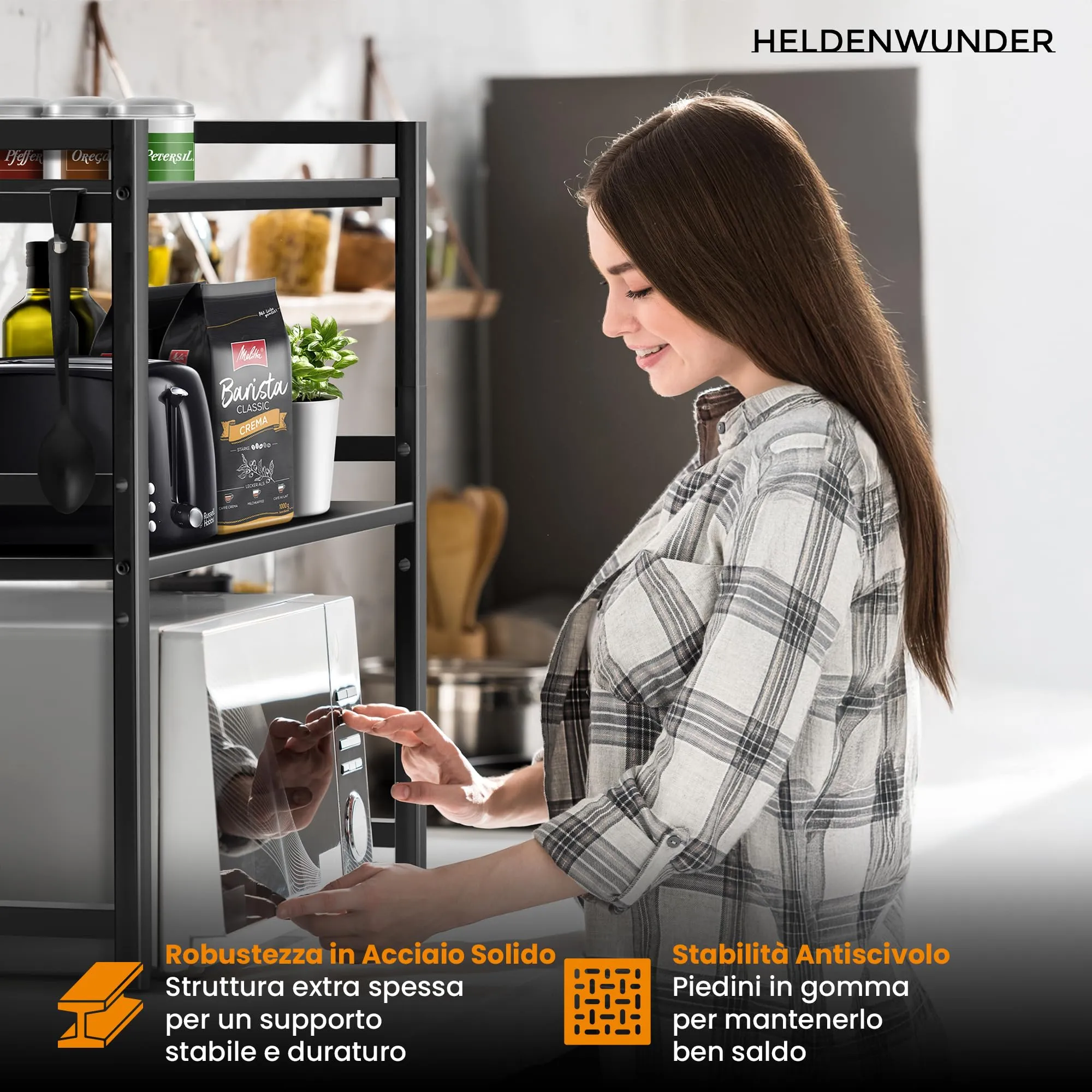 Heldenwunder Mensola Mobile Cucina Salvaspazio in Acciaio, 2 Ripiani, Supporto Microonde Regolabile con Ganci - Nero - immagine 8