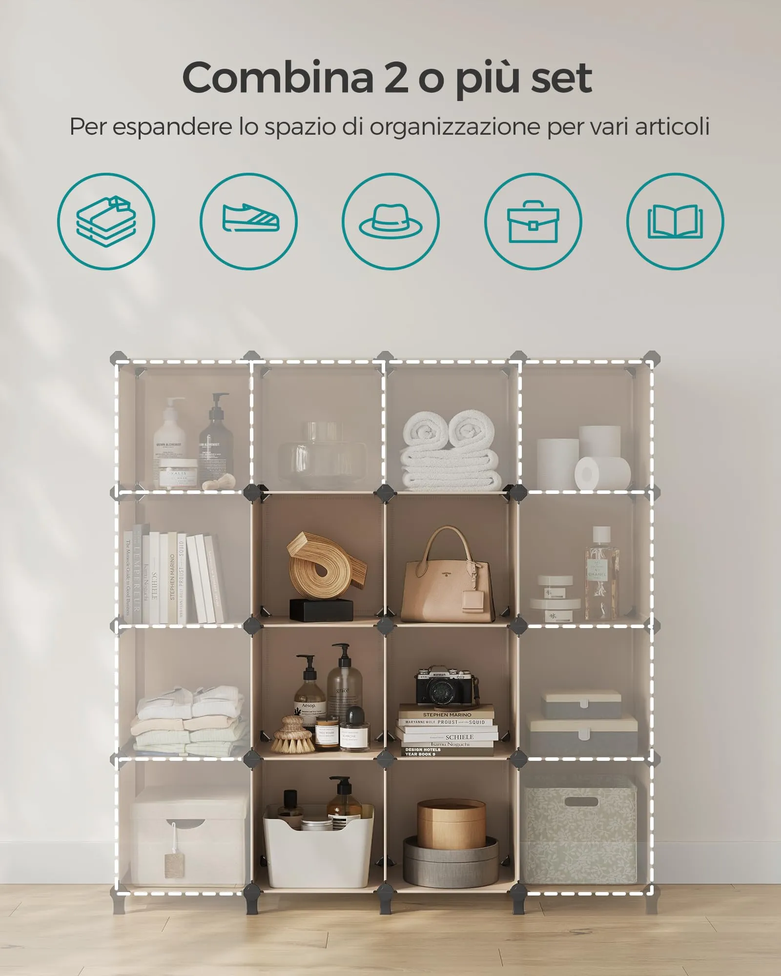 SONGMICS Scaffale a 6 Cubi Organizzatore Modulare in Plastica con Piedini Marrone Cammello LPC111K01 - immagine 5