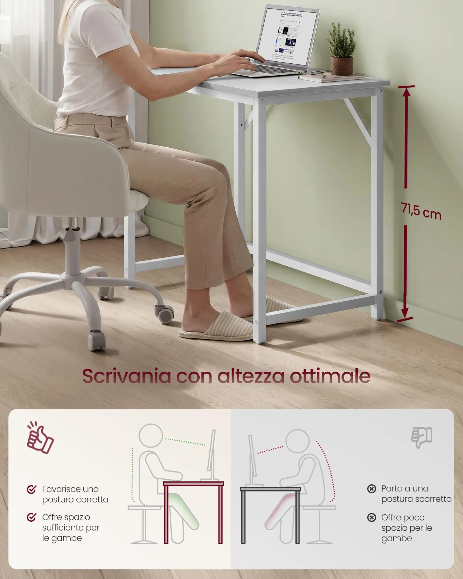 VASAGLE Scrivania per Computer 80 x 50 x 76 cm, Bianco Acero e Bianco Nuvola LWD038W44 - immagine 3